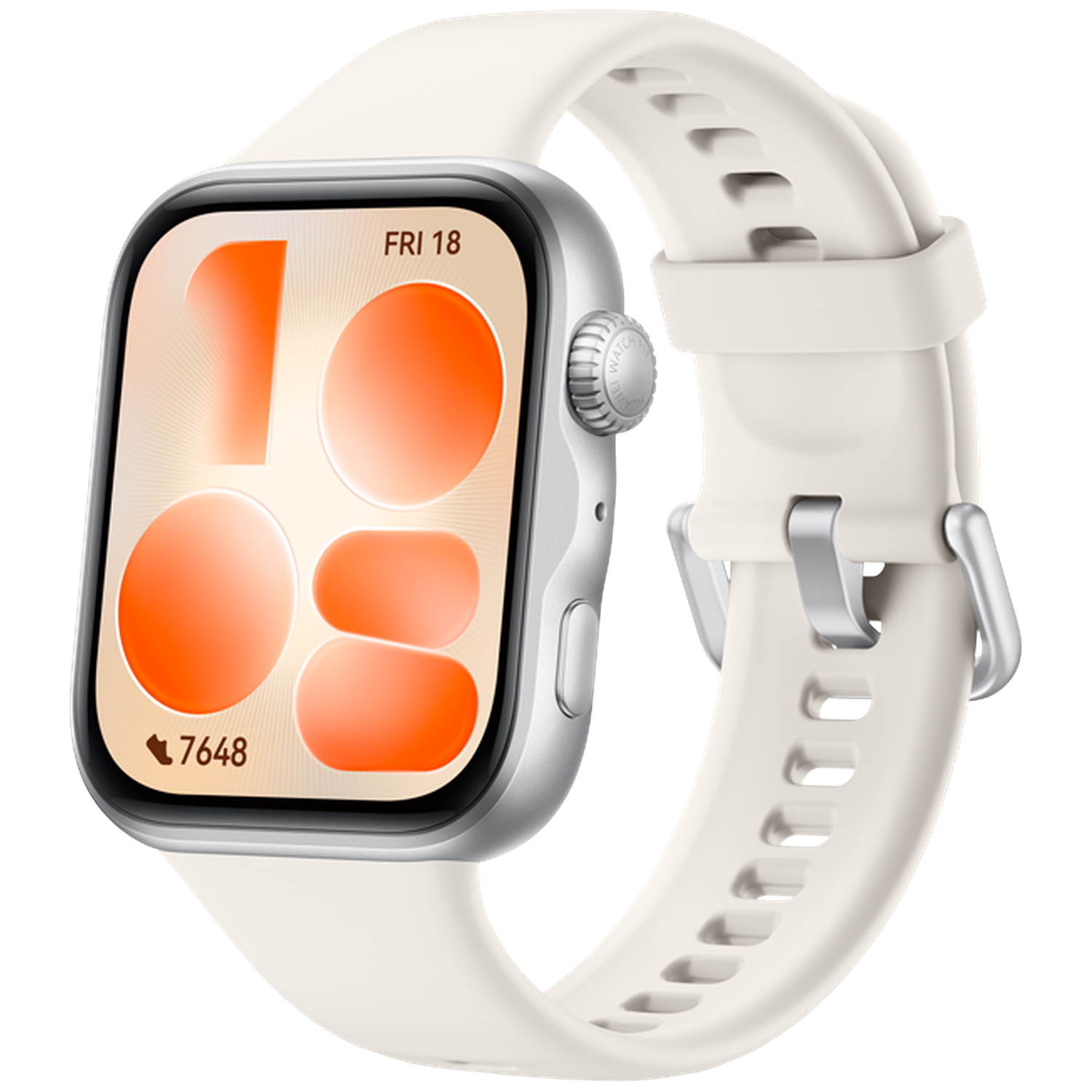 A white smartwatch with a silver case and orange widgets on the screen.