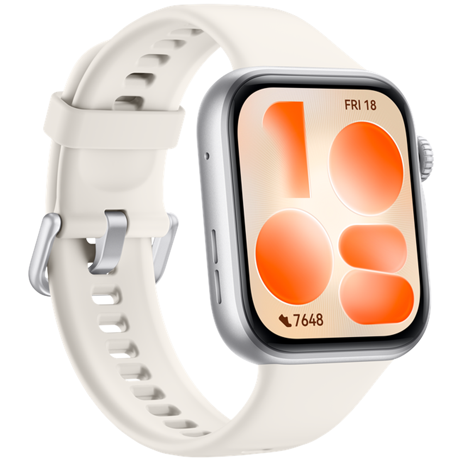 A cream smartwatch with a silver bezel and a digital display showing the time and steps.