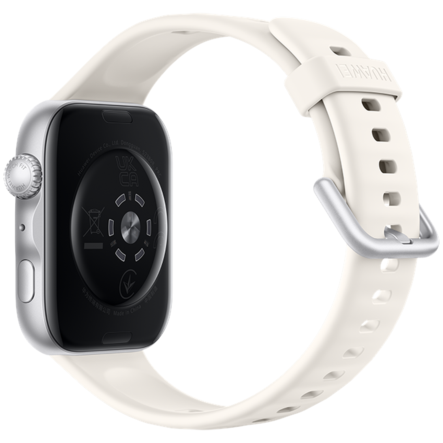 Silver smartwatch with white band, back showing details.