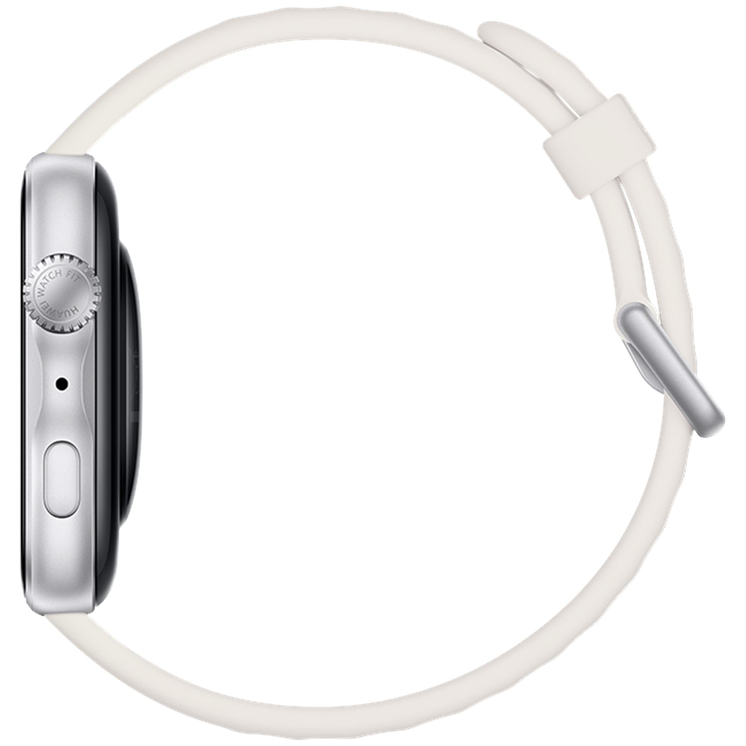 Silver smartwatch with white band, side view.
