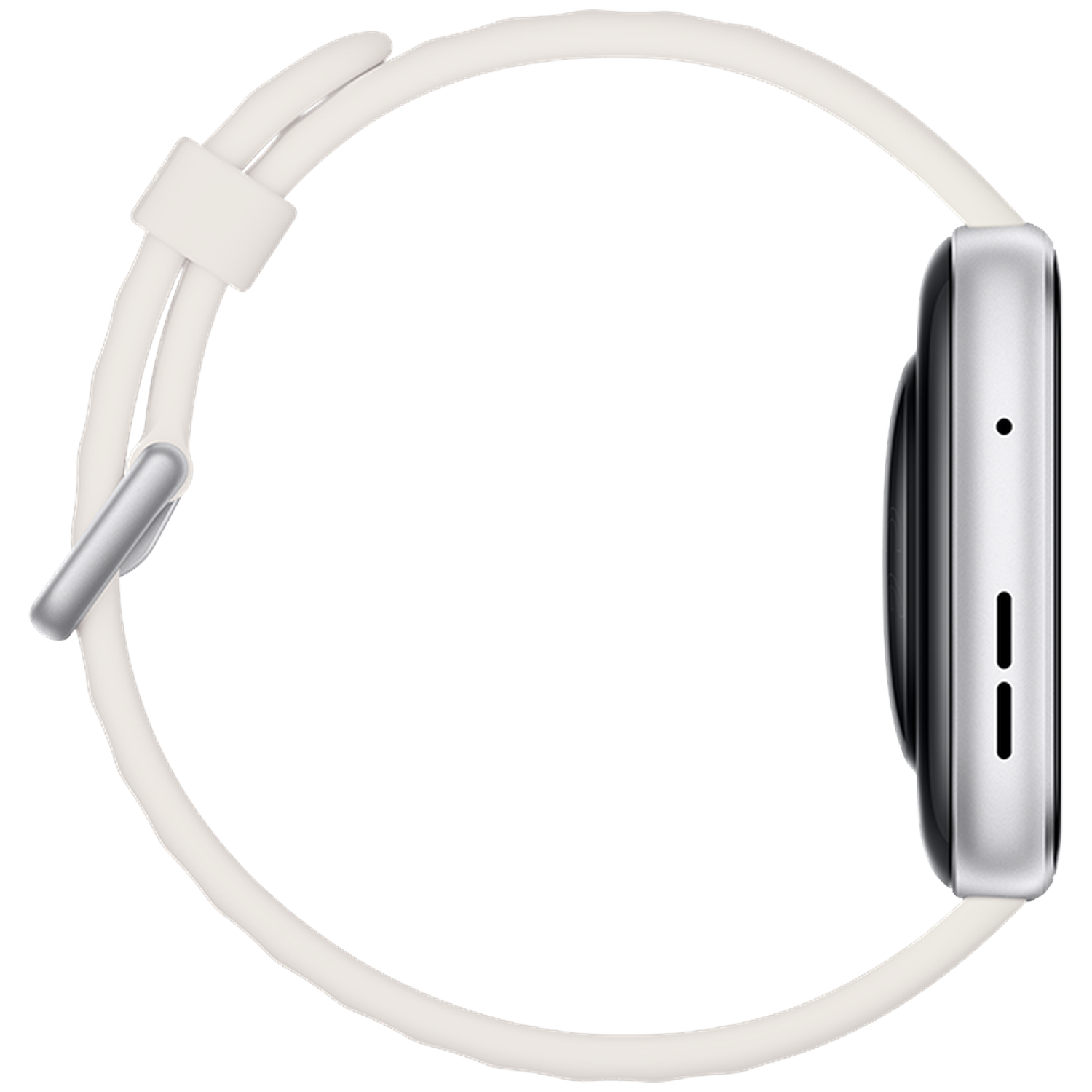 Silver smartwatch with a white band, side view.