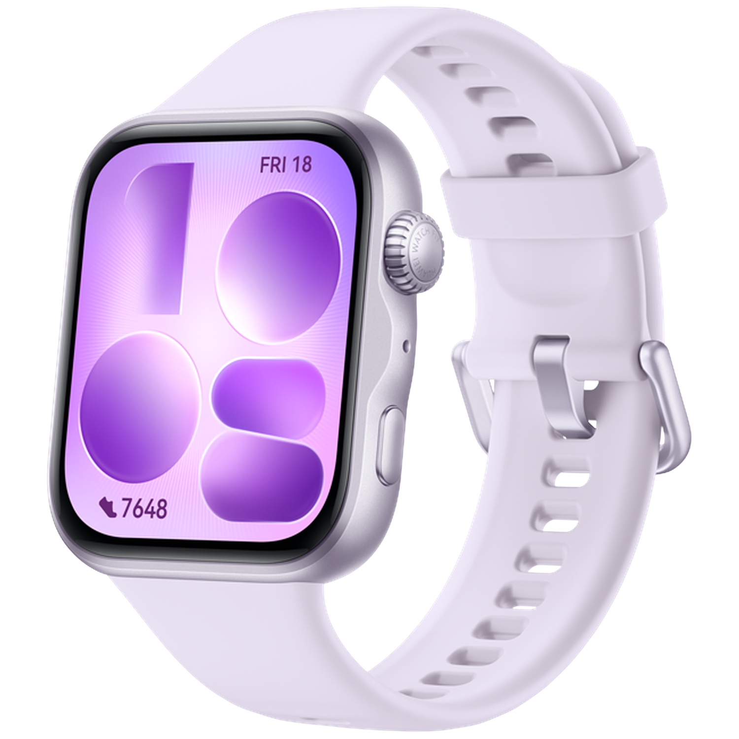 A light purple smartwatch with a silver bezel and a slim band.