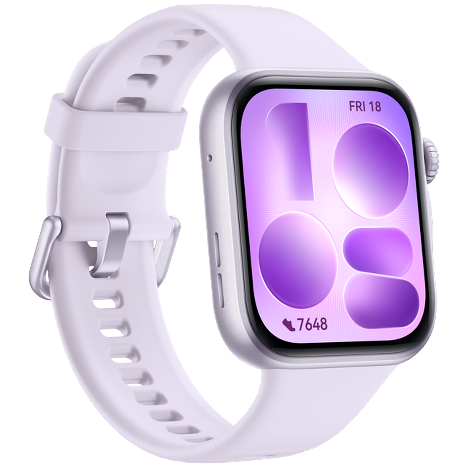 A lilac smartwatch with a purple screen displaying time and step count.