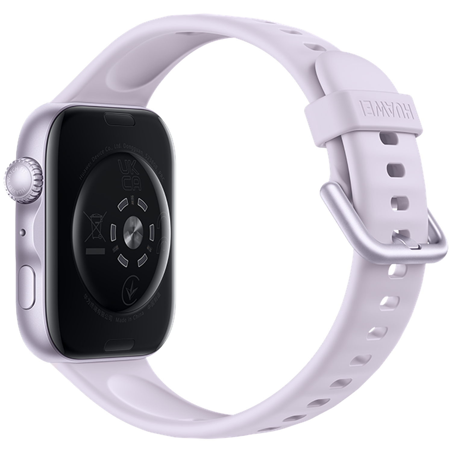 A light purple smartwatch with a silver bezel and black back case.