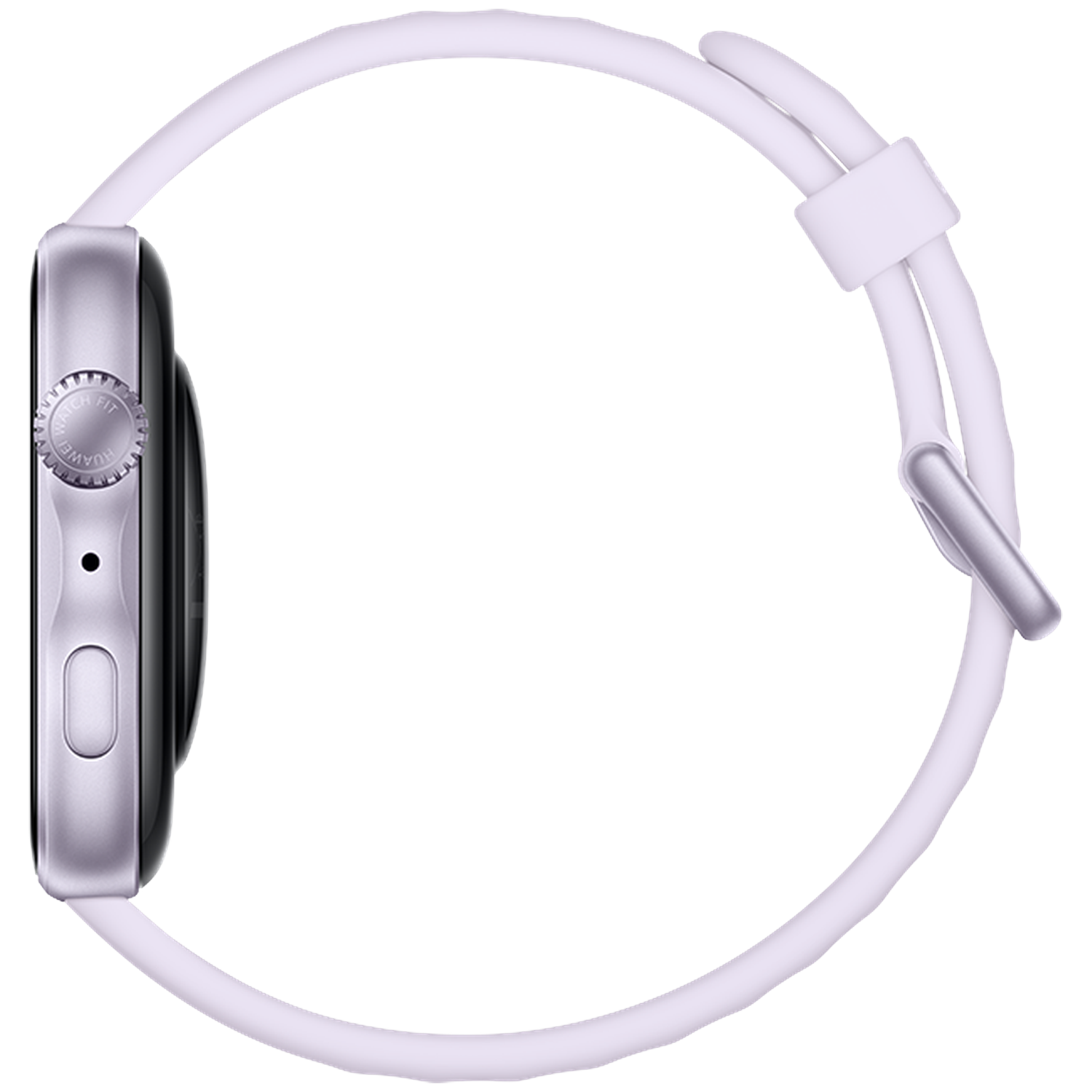 Silver smartwatch with a light band, shown from the side.