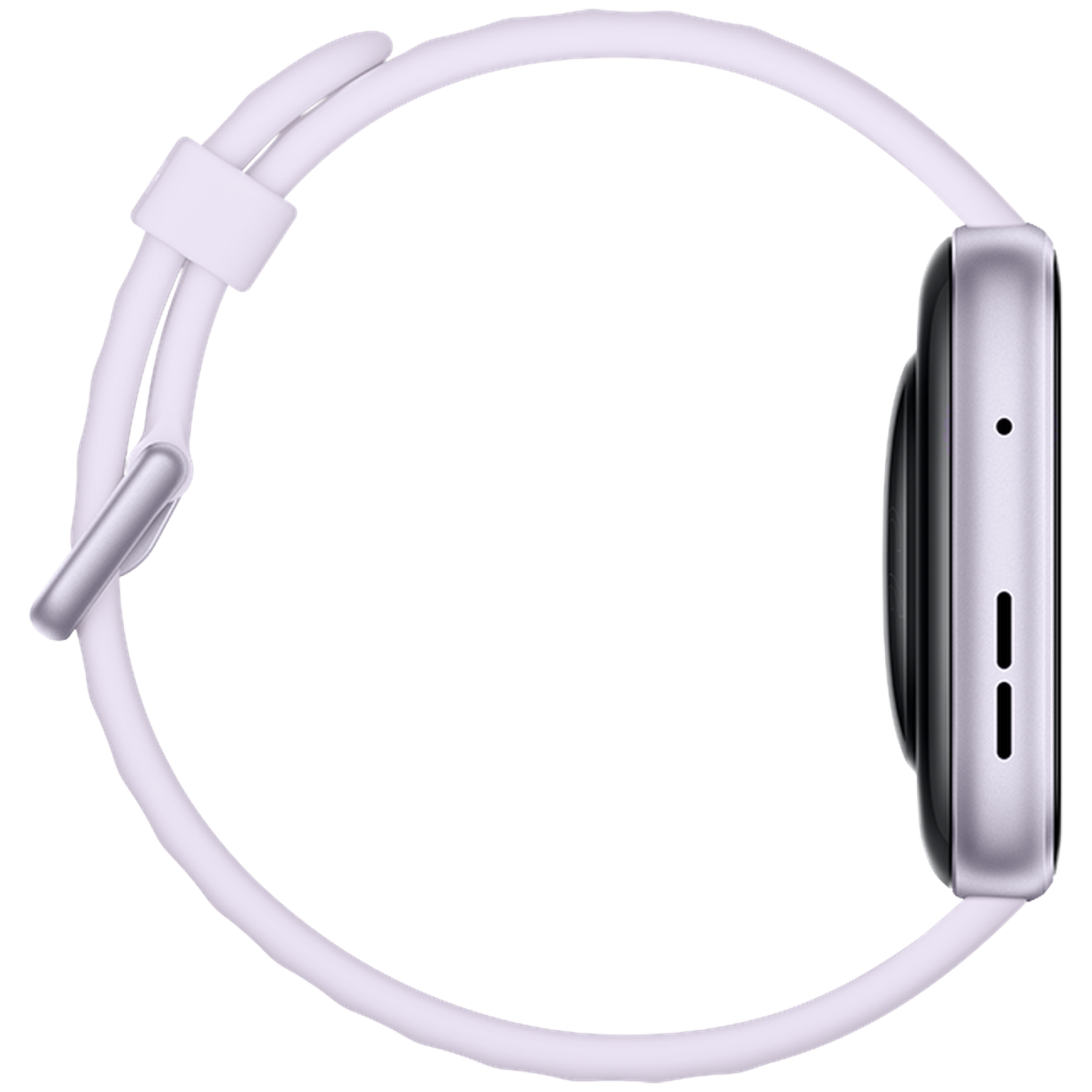 A silver smartwatch case with a light purple band, seen from the side.