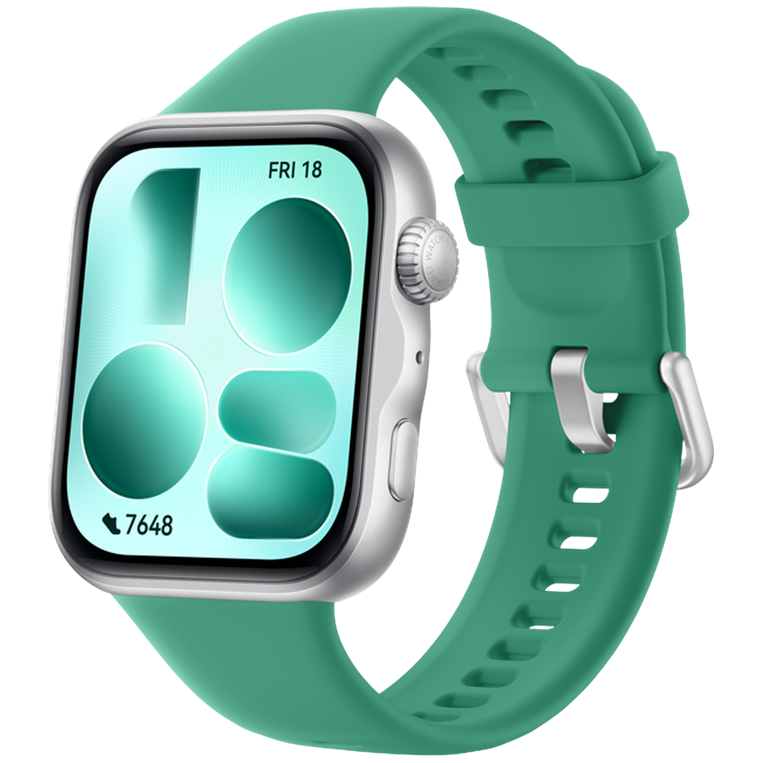 A silver smartwatch with a green band displays 'FRI 18' and 7648 steps.