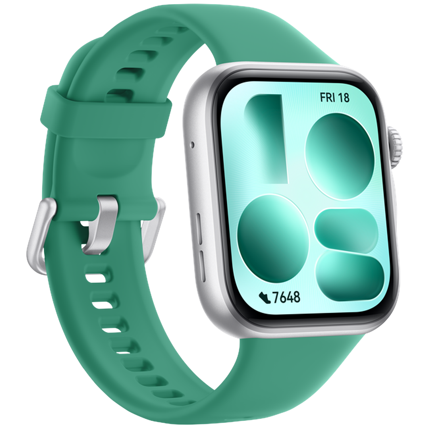 A green smartwatch with a silver casing and a display showing the date and steps.