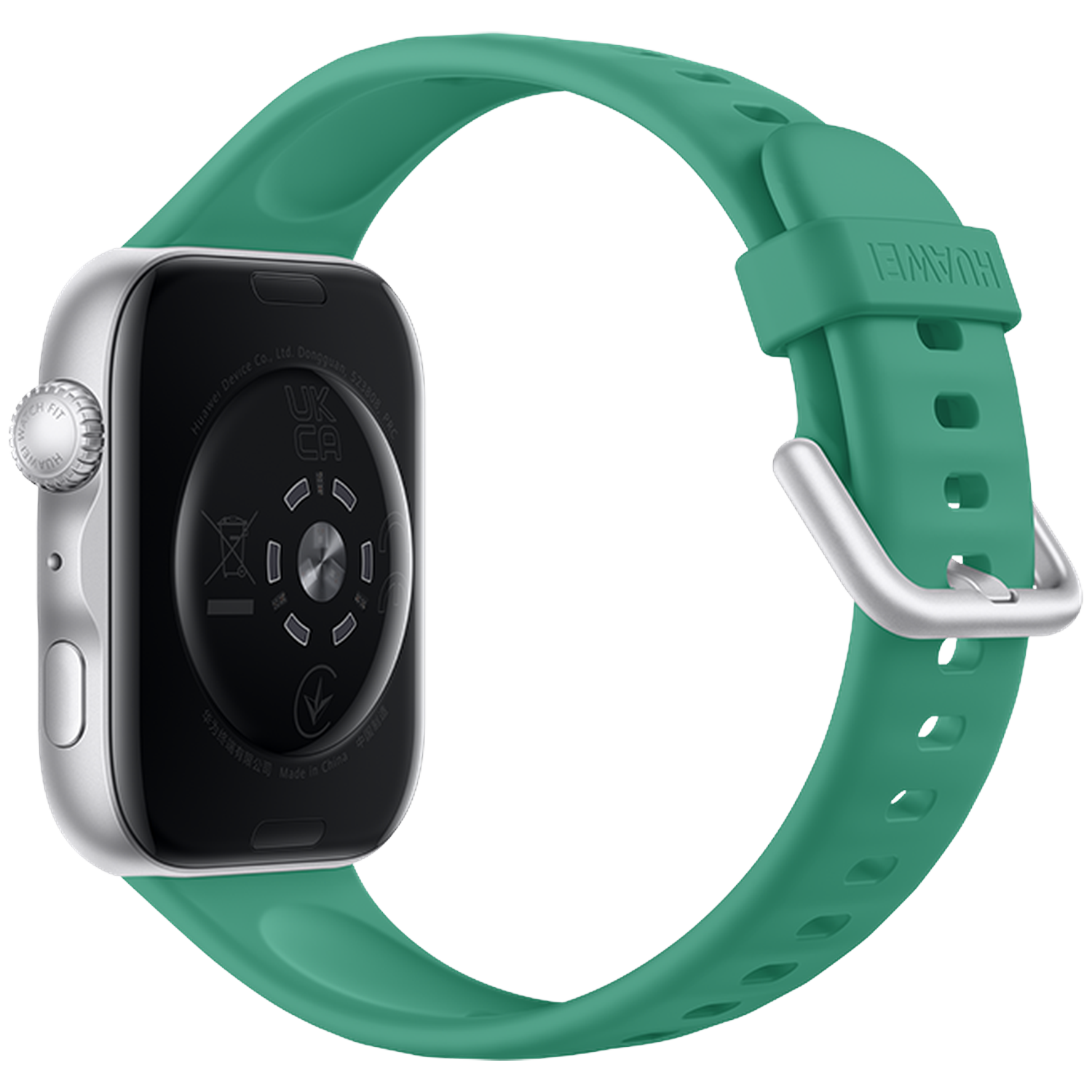 Silver smartwatch with a green band, back view is visible.