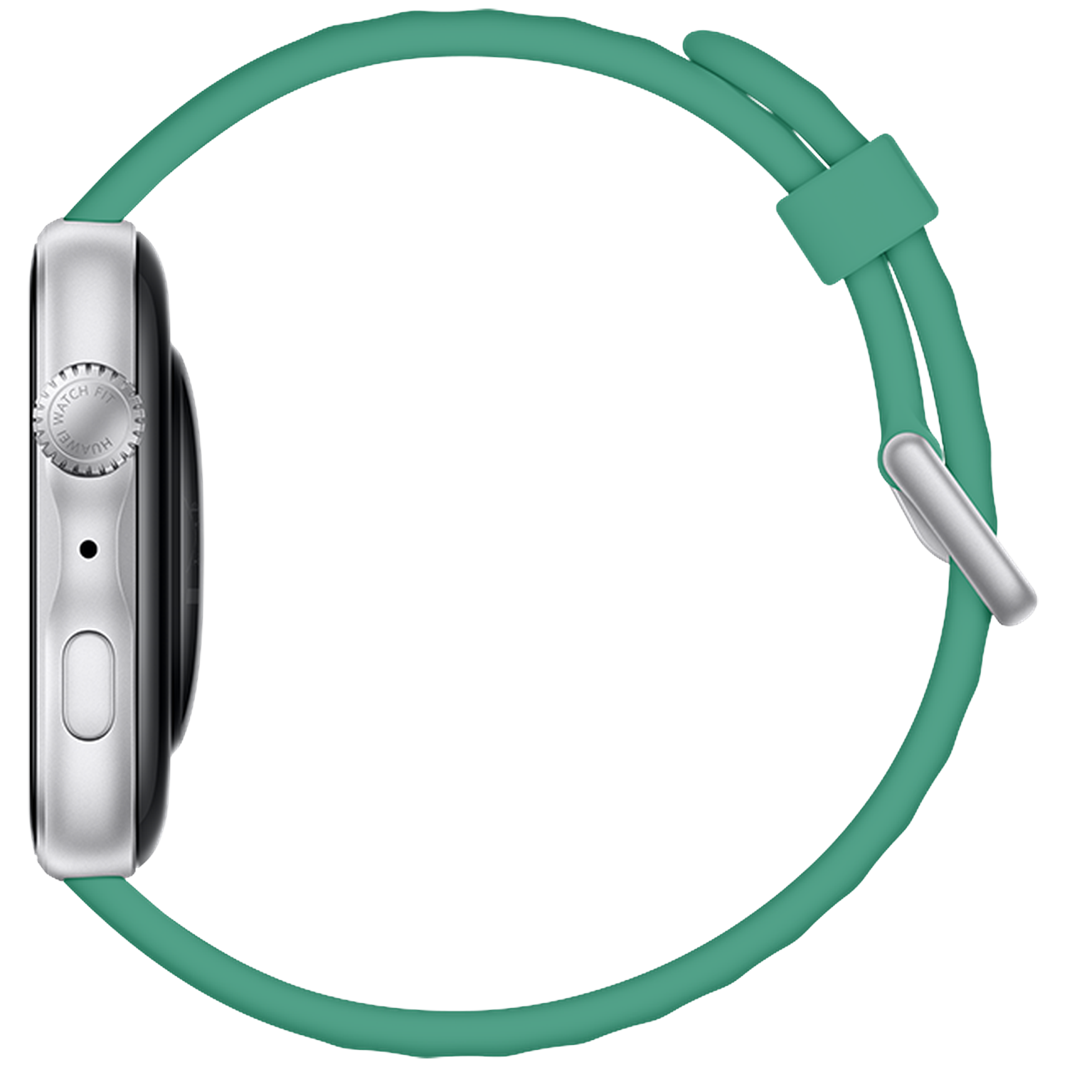 Silver smartwatch with teal band and side button. Minimalist design.
