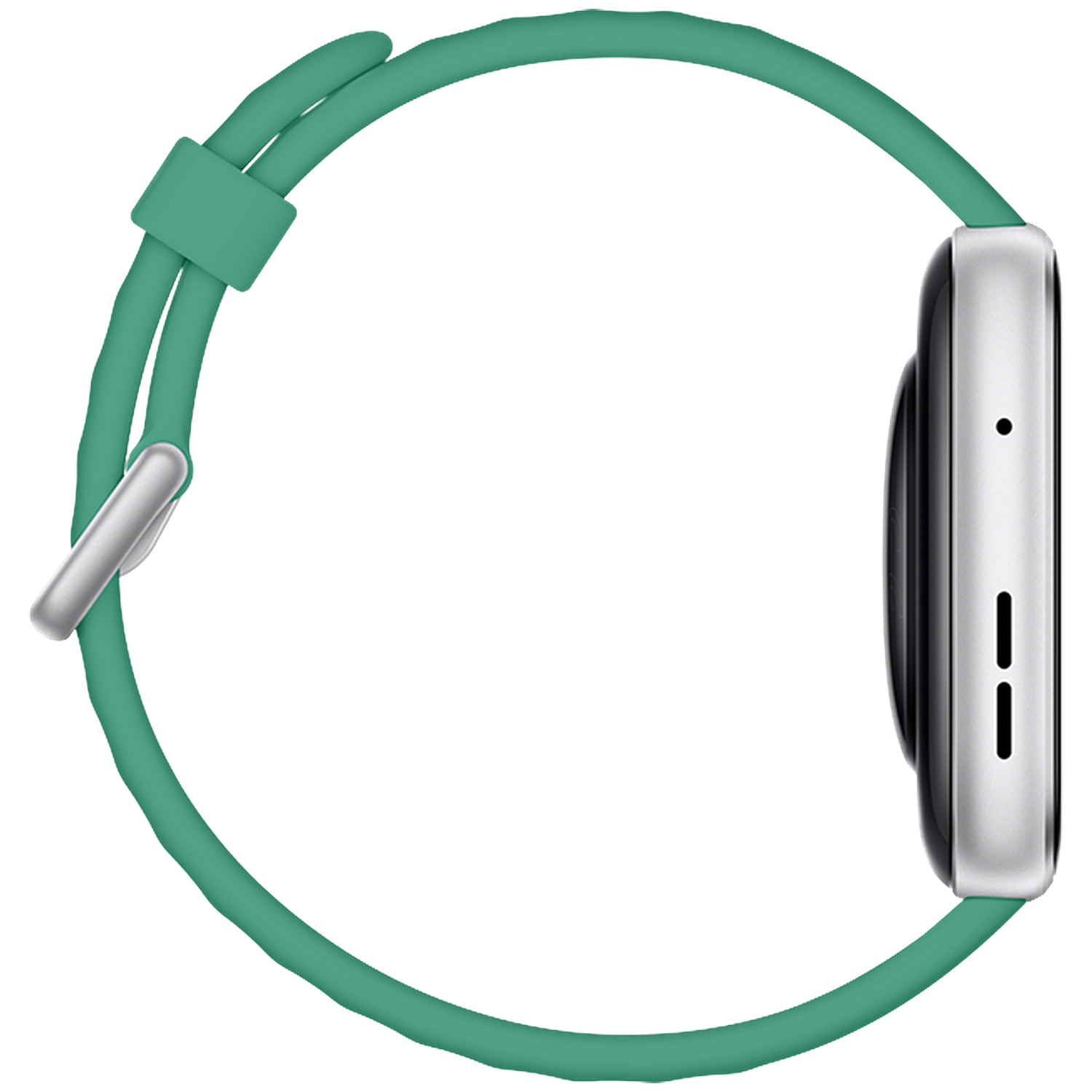 Silver smartwatch with a teal band, shown from the side.
