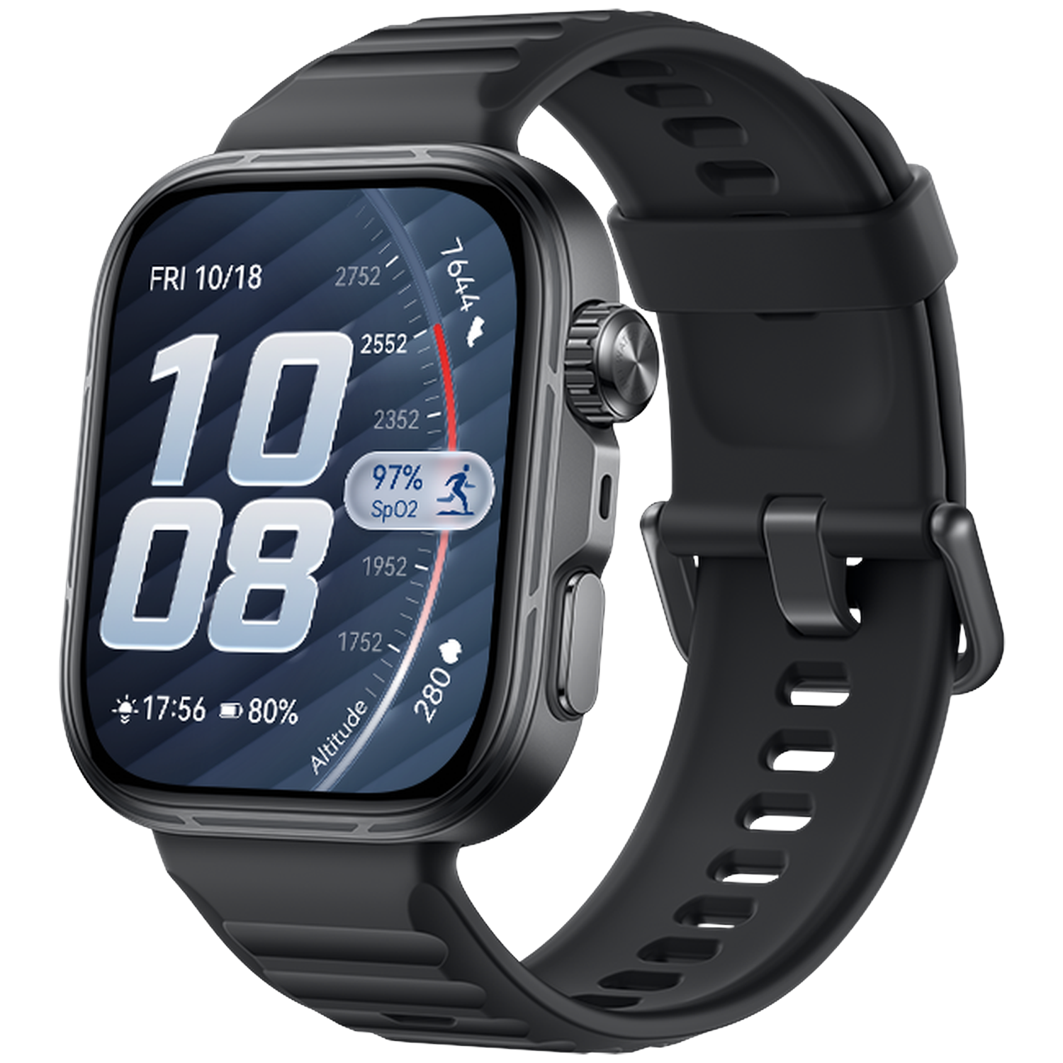 Gray smartwatch with a dark display showing time 10:08, date, and vital stats.