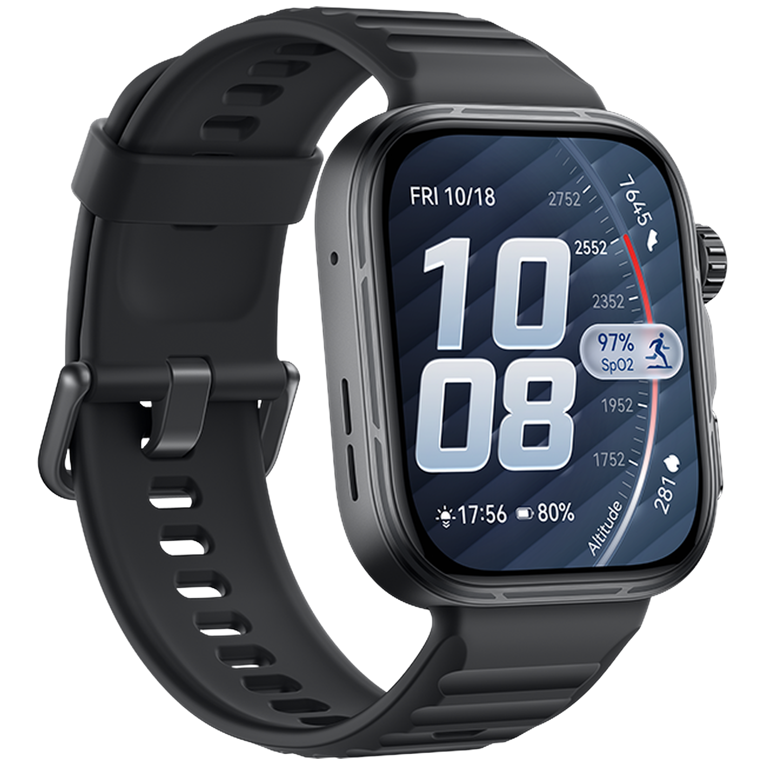 A black smartwatch displaying digital time 10:08, SpO2, and altitude.
