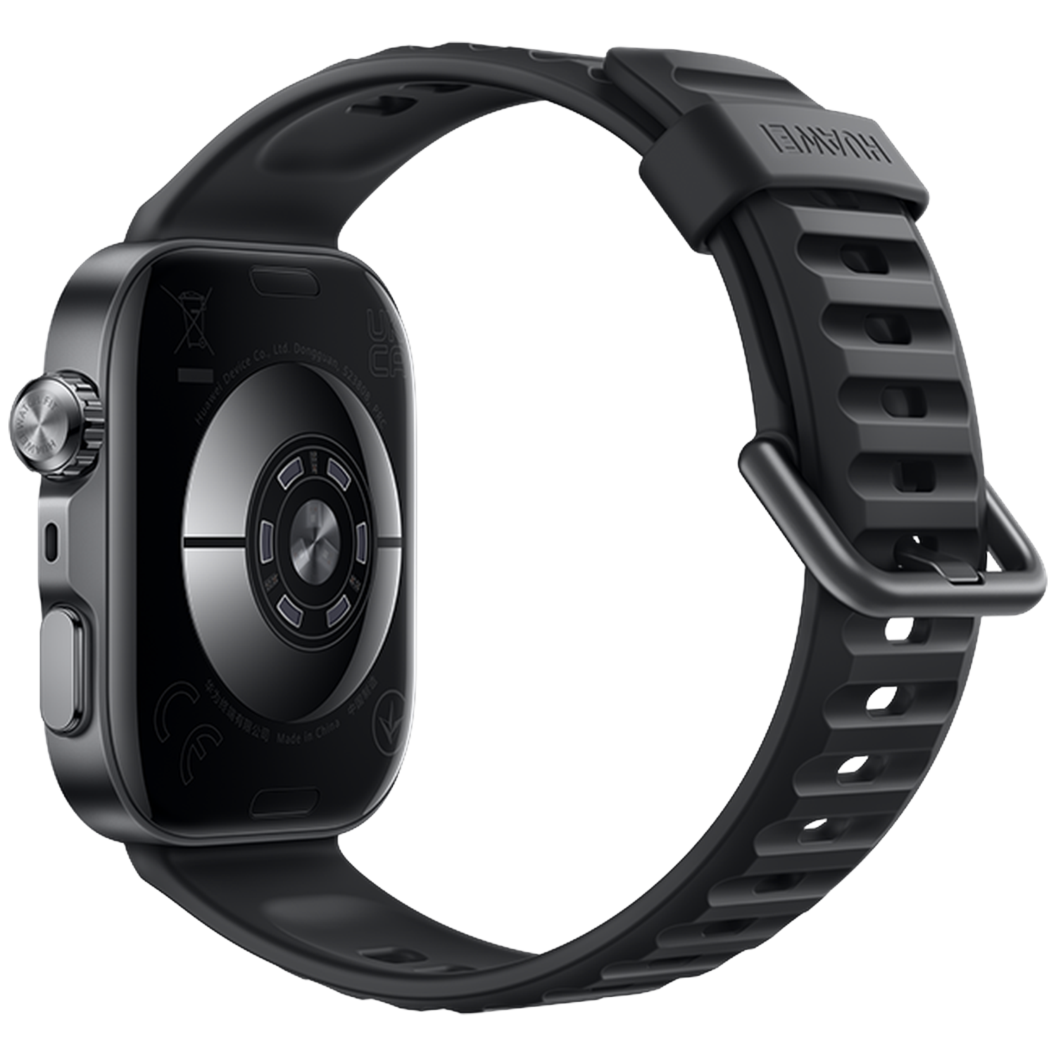 Black smartwatch with a bezel and visible sensors on the back.