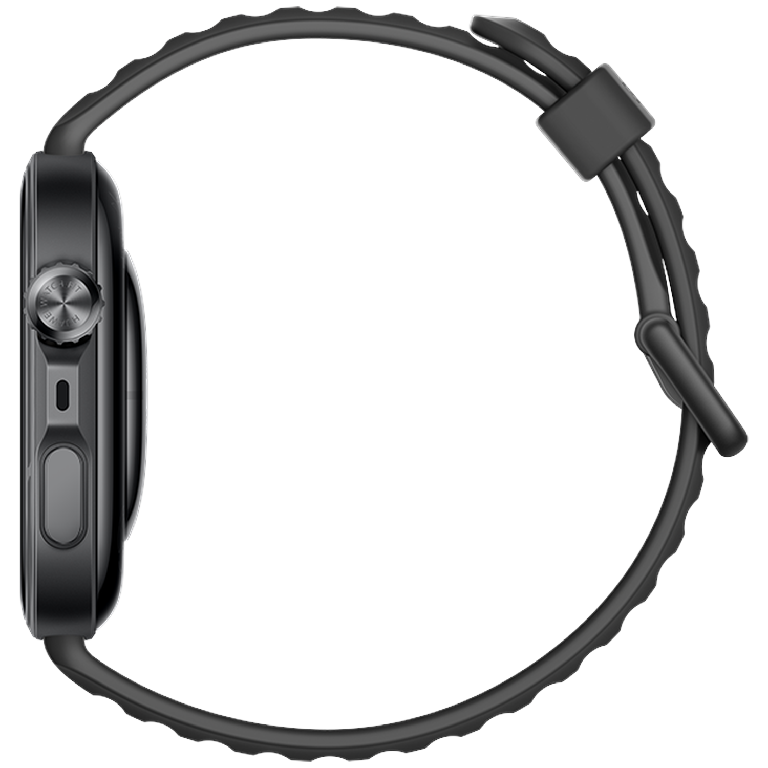 Black smartwatch with a rotating crown and strap, side view.
