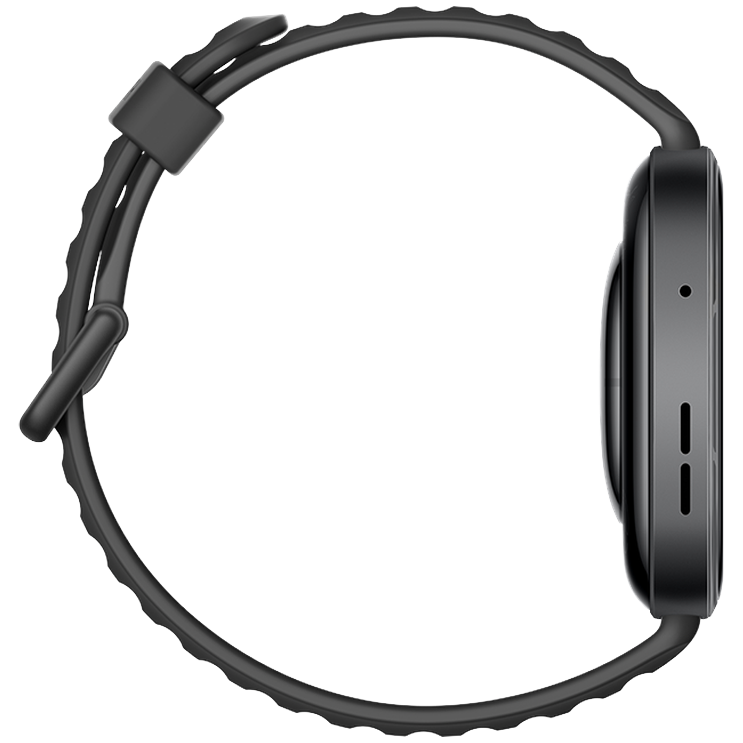 Black smartwatch band with a silver casing and side buttons.