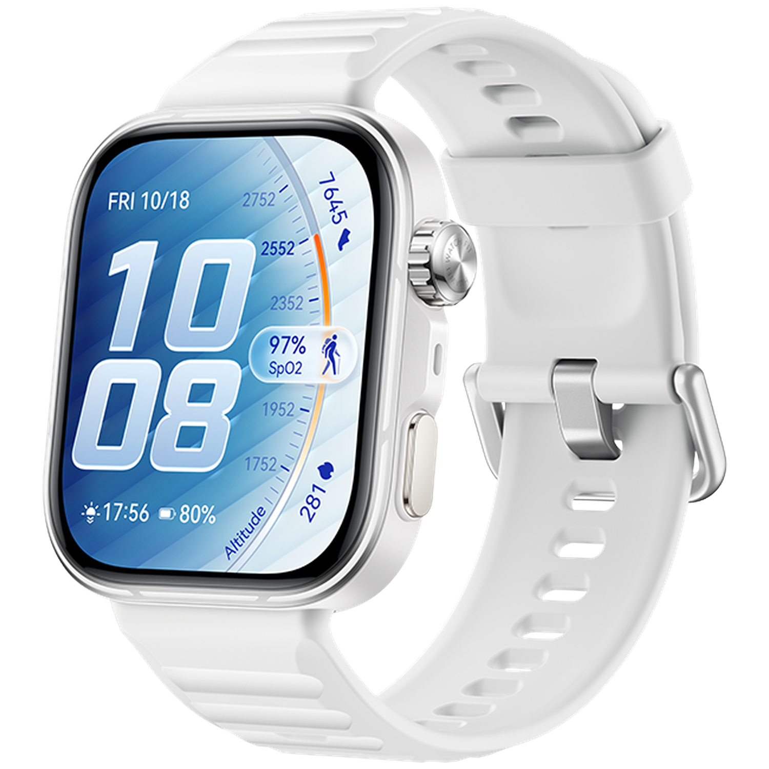 White smartwatch with white band and digital face showing time and stats.