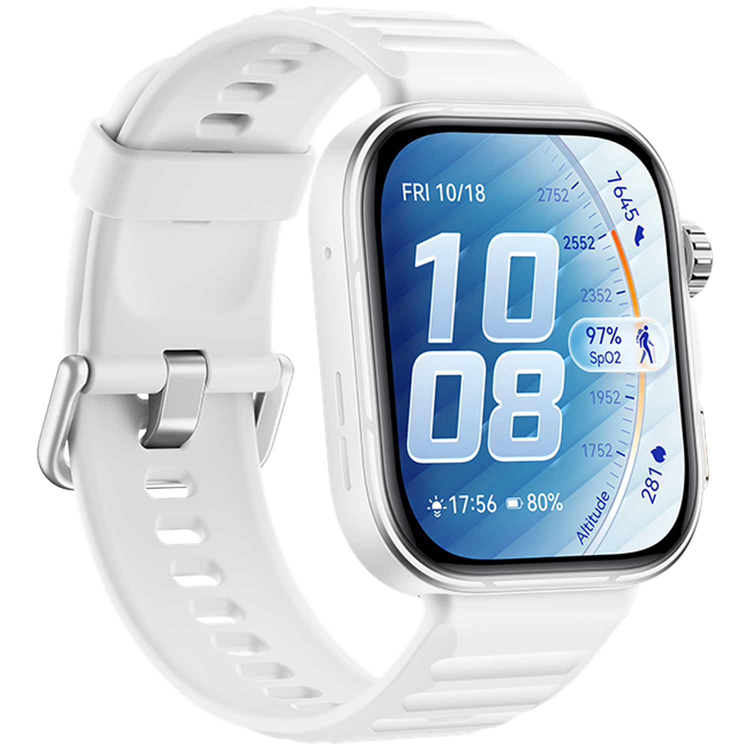 A white smartwatch with a large display showing time, date, SpO2, and altitude.