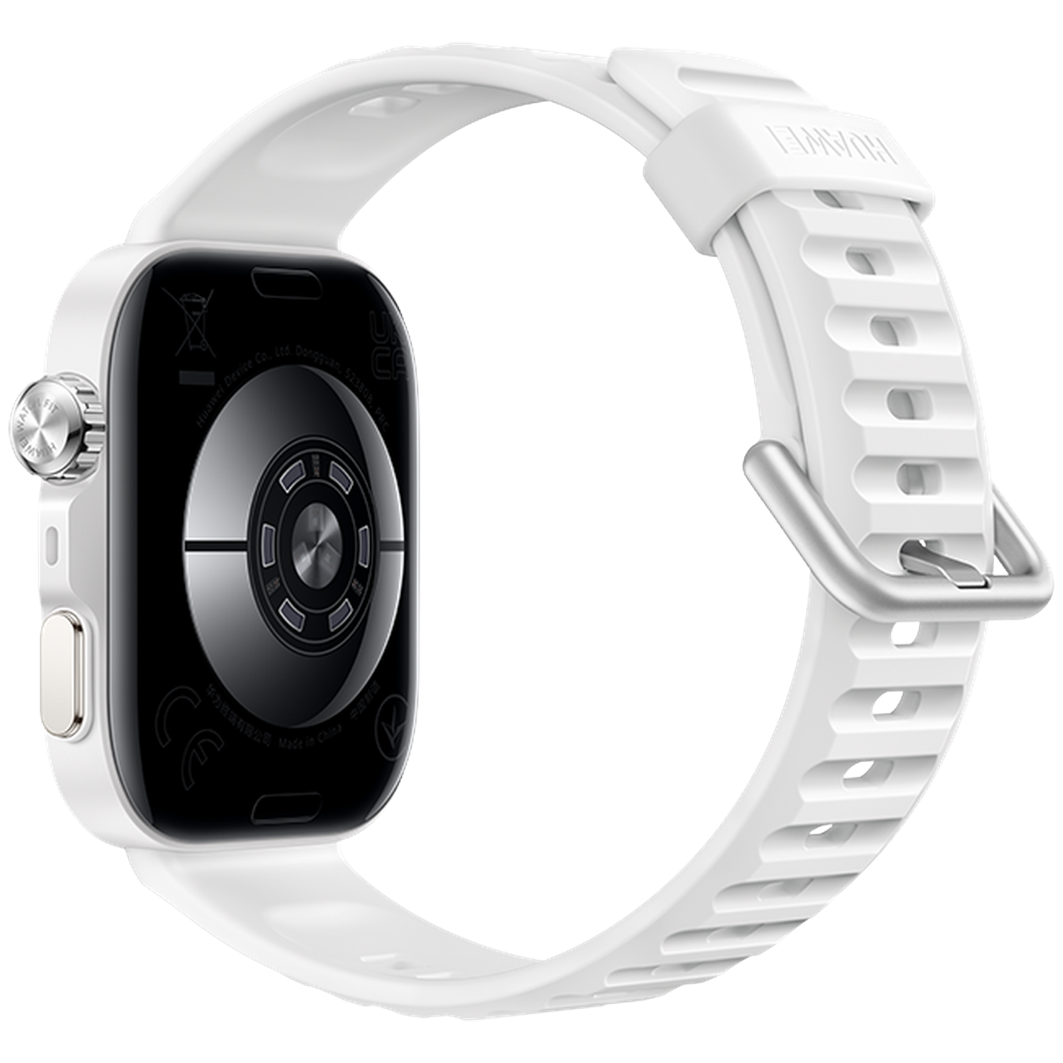 White smartwatch with a white band and silver buckle. Backside shows details.