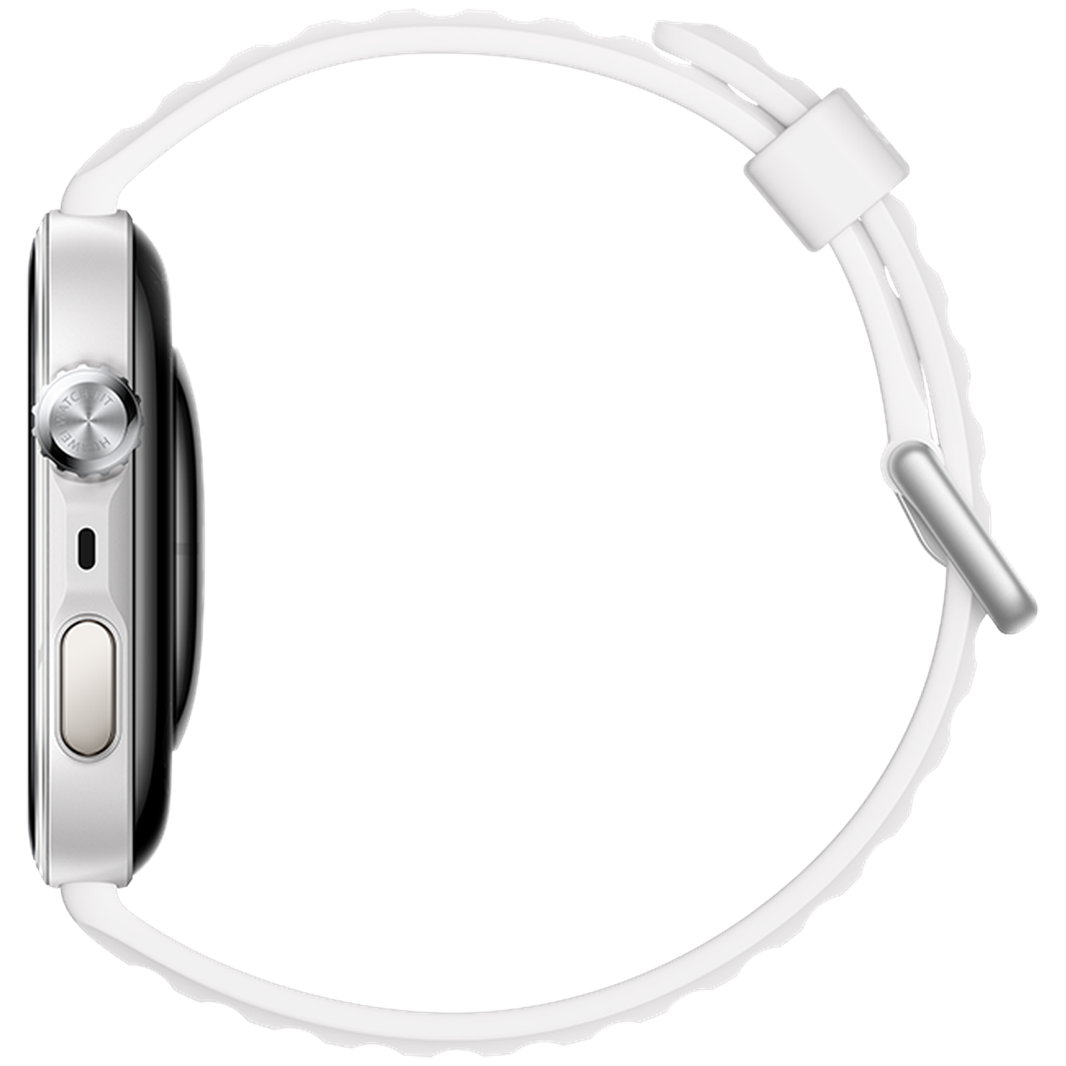 Silver smartwatch with a white band, side view.