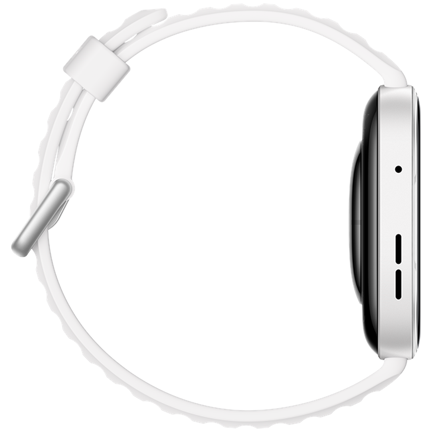 White smartwatch with silver clasp and black display.