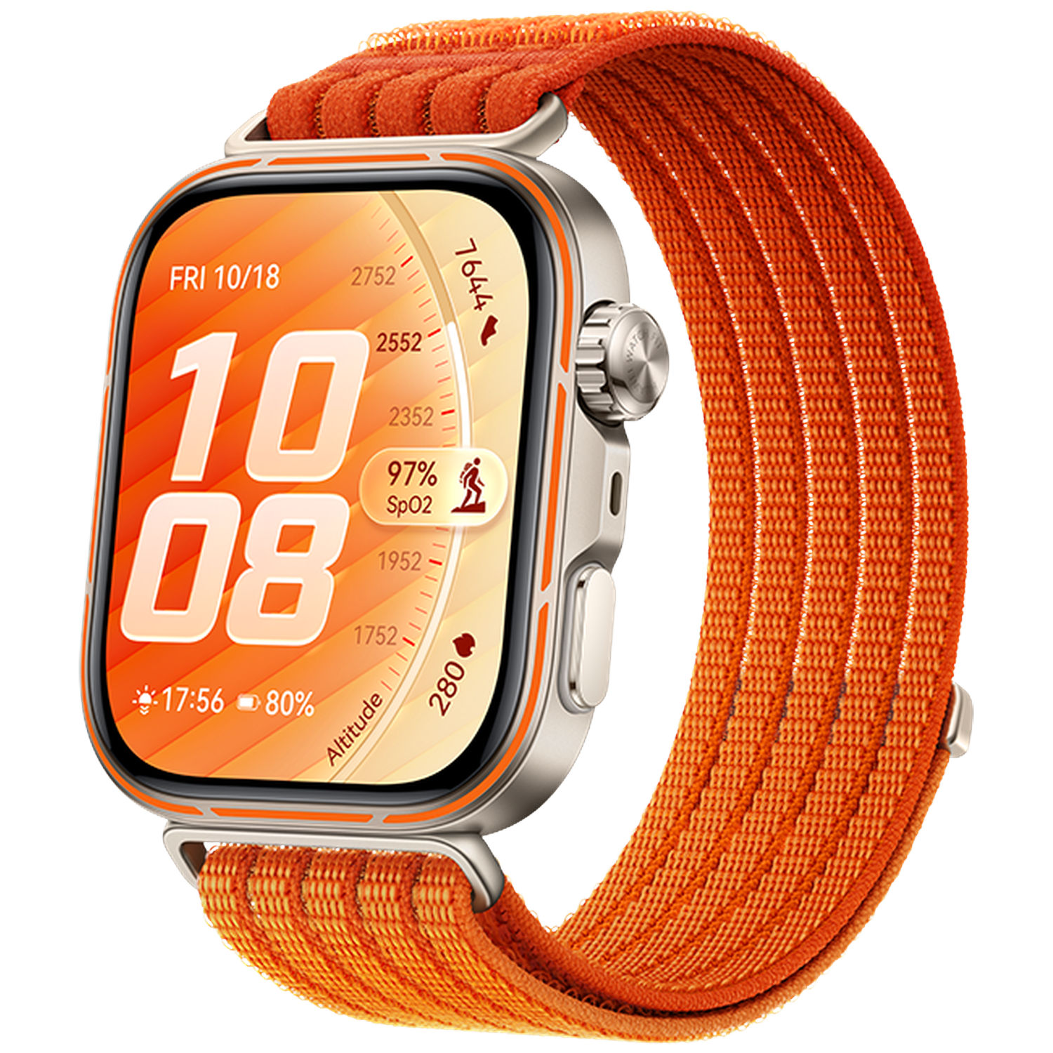 An orange-strapped smartwatch with a silver case displays 10:08 AM with health stats.