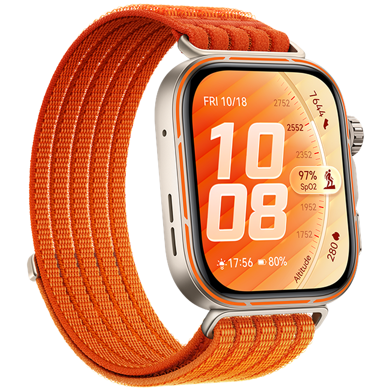 Smartwatch with orange band, shows 10:08, 97% SpO2, and altitude data.