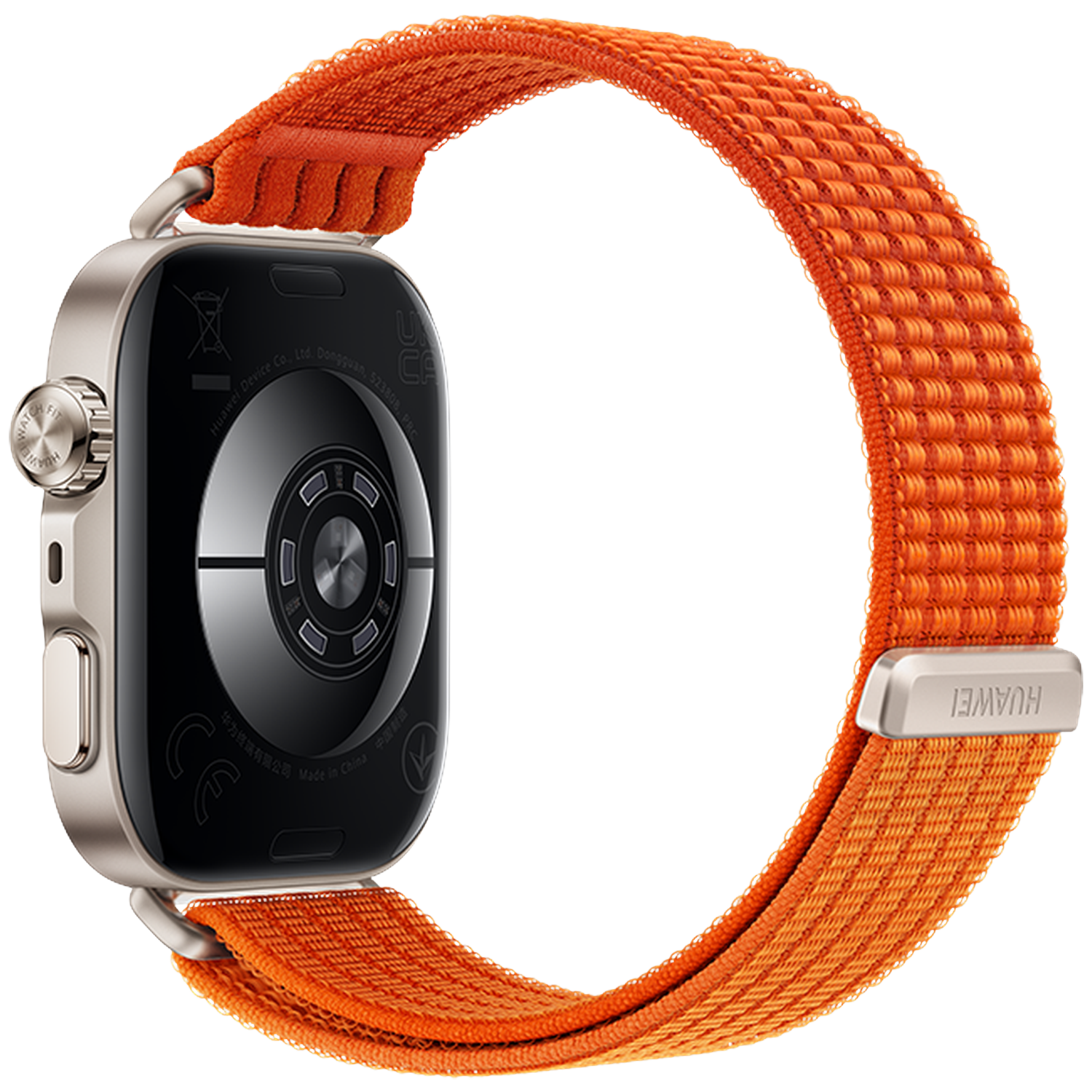 A smartwatch with a silver case and orange band on a black background.