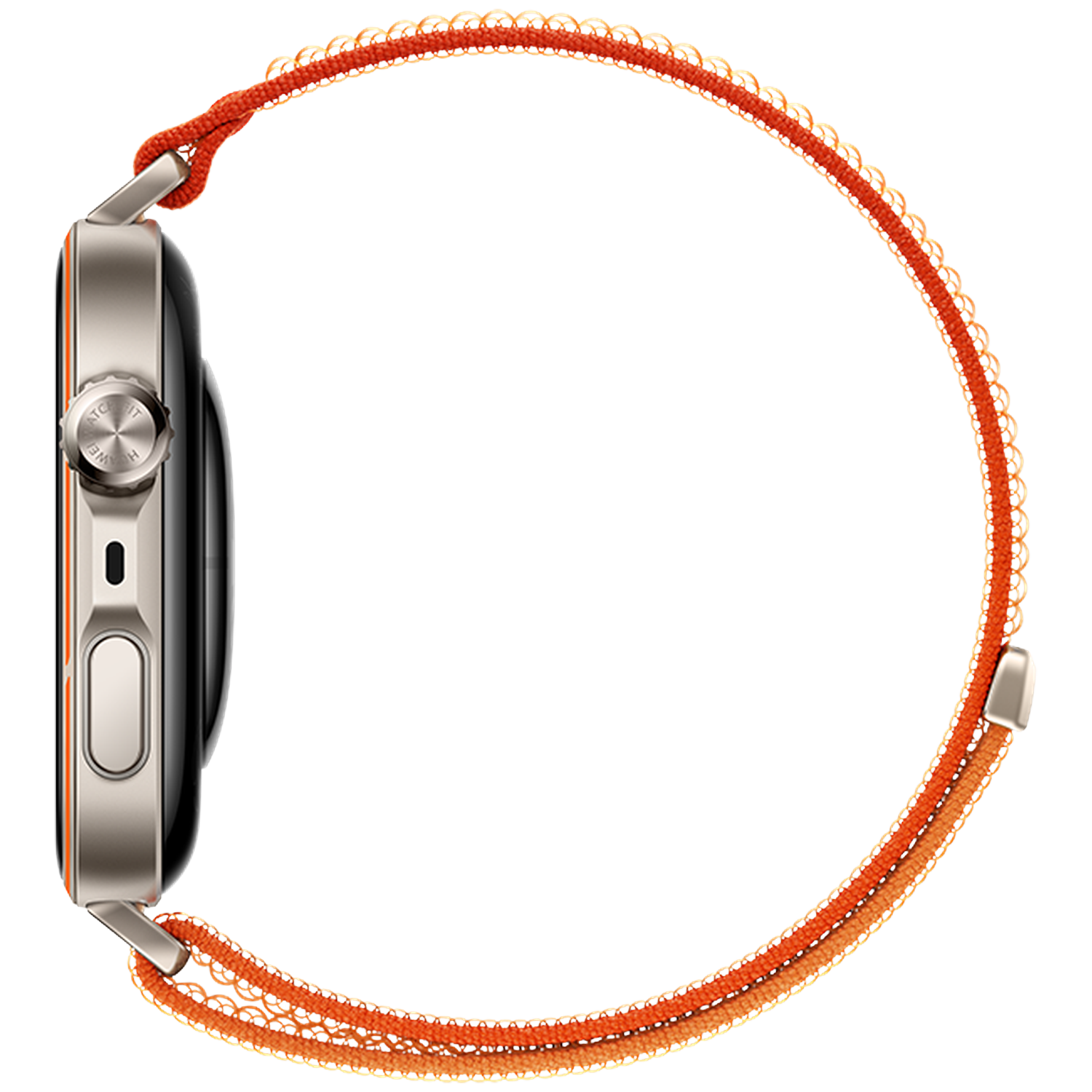 Gray smartwatch with an orange woven band and silver accents. Side view.