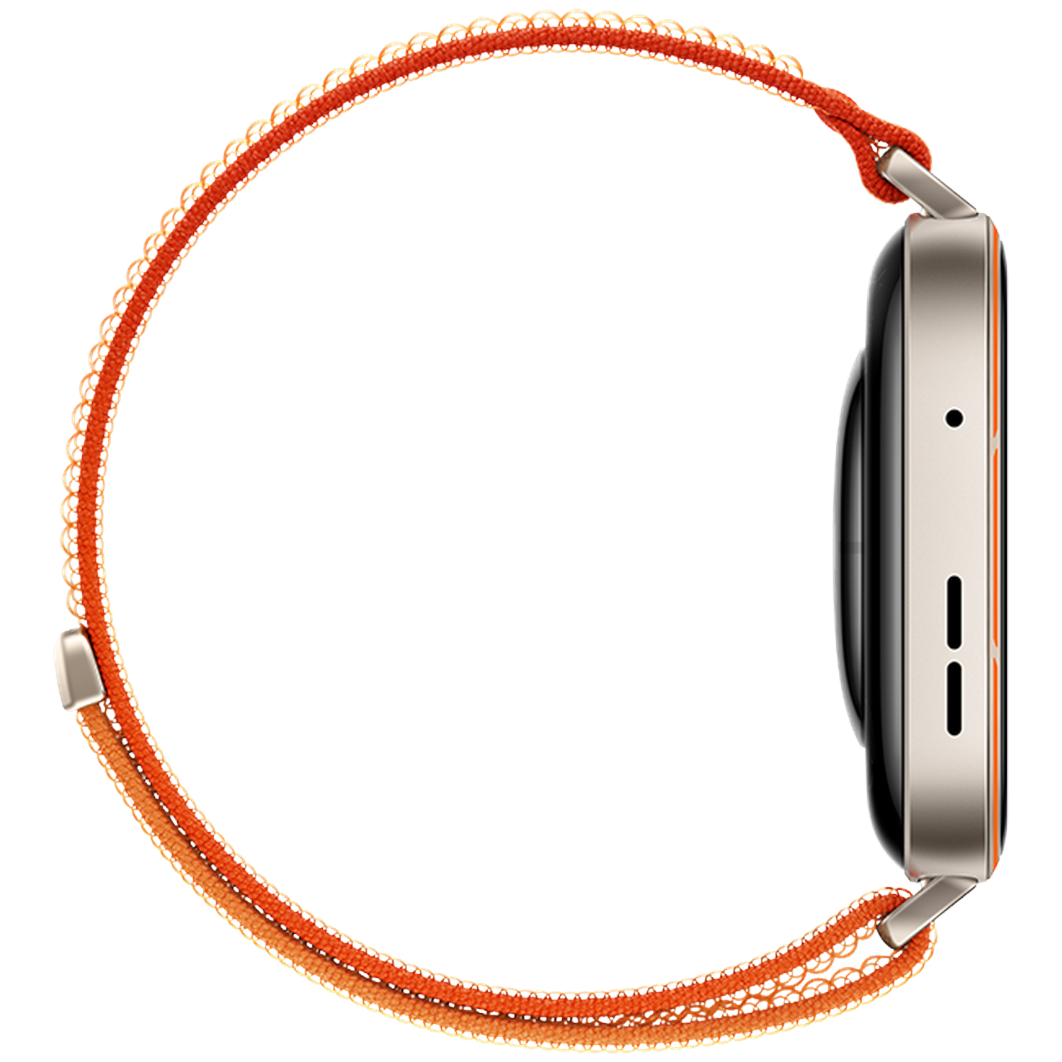 A smartwatch with an orange fabric band featuring silver accents.