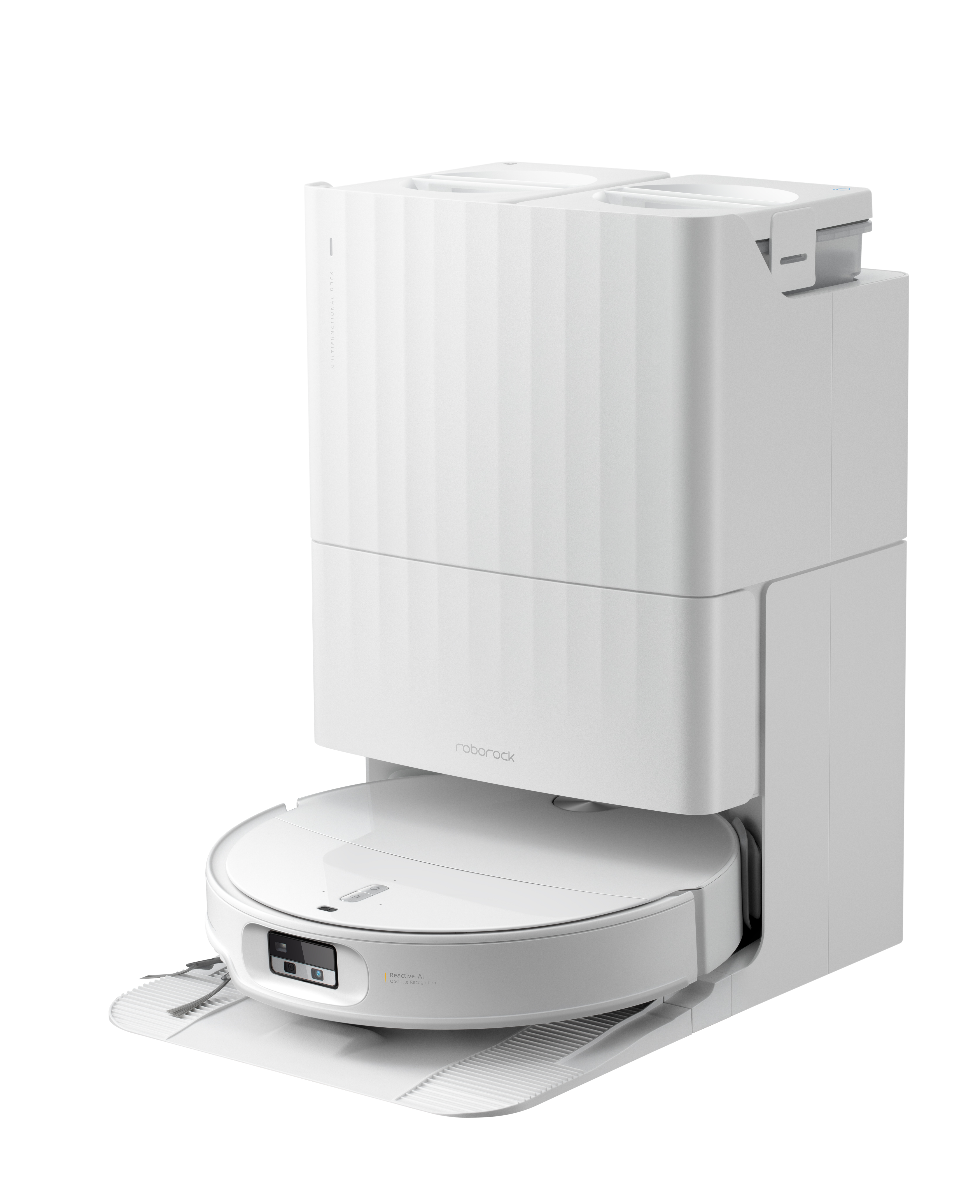 Ein weißer Saugroboter mit Dockingstation. Frontkamera und Sensoren sind sichtbar.