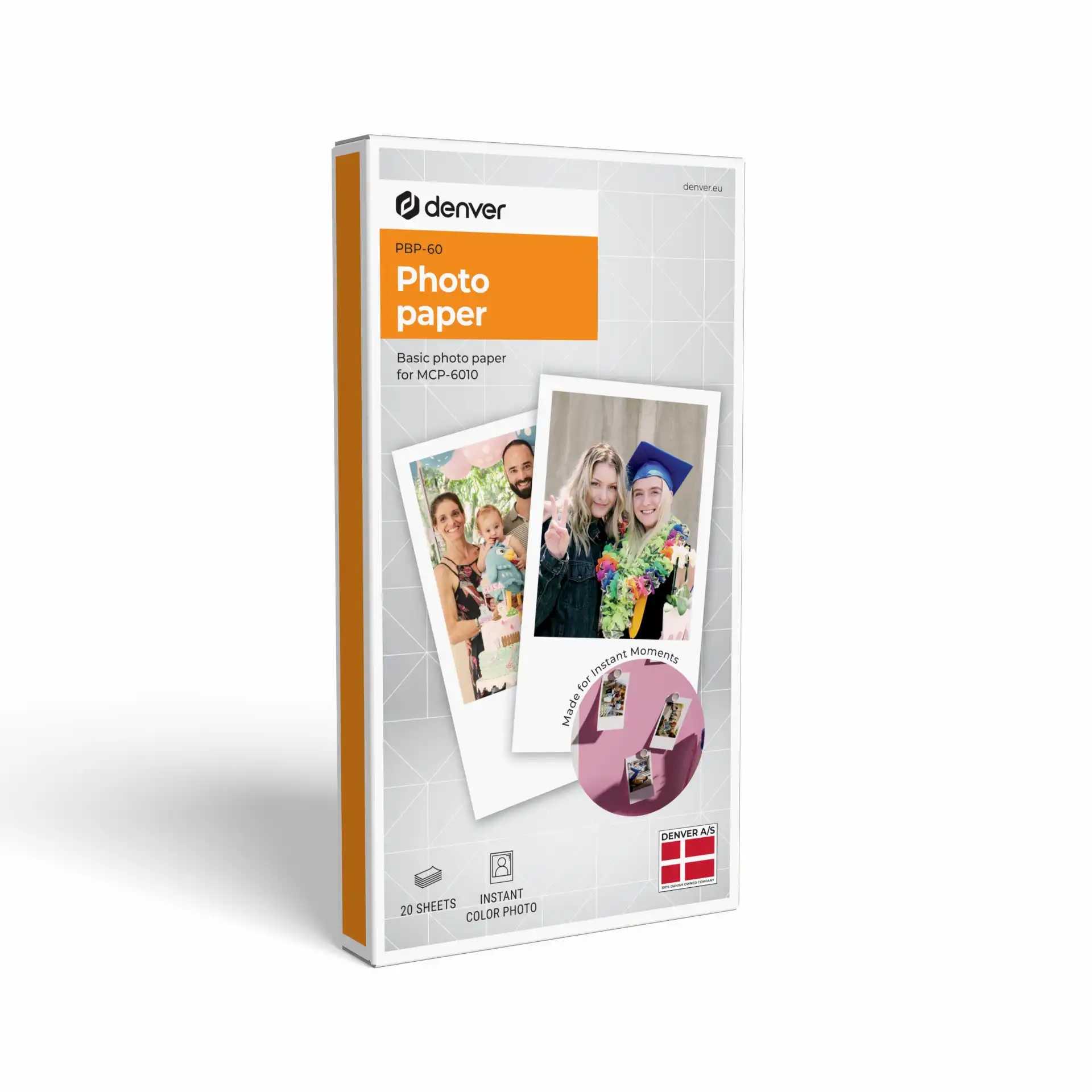 Denver PBP-60 Fotopapier-Packung mit Bildern einer Familie und eines Abschlusses.