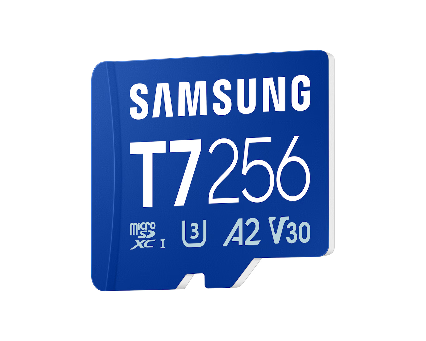 A2 ve V30 derecelendirmelerine sahip mavi Samsung microSDXC kart, 256 GB, T7 modeli.
