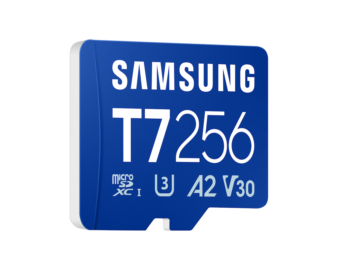 Samsung T7 256GB MicroSDXC kart, A2 ve V30 sınıflandırmalı.