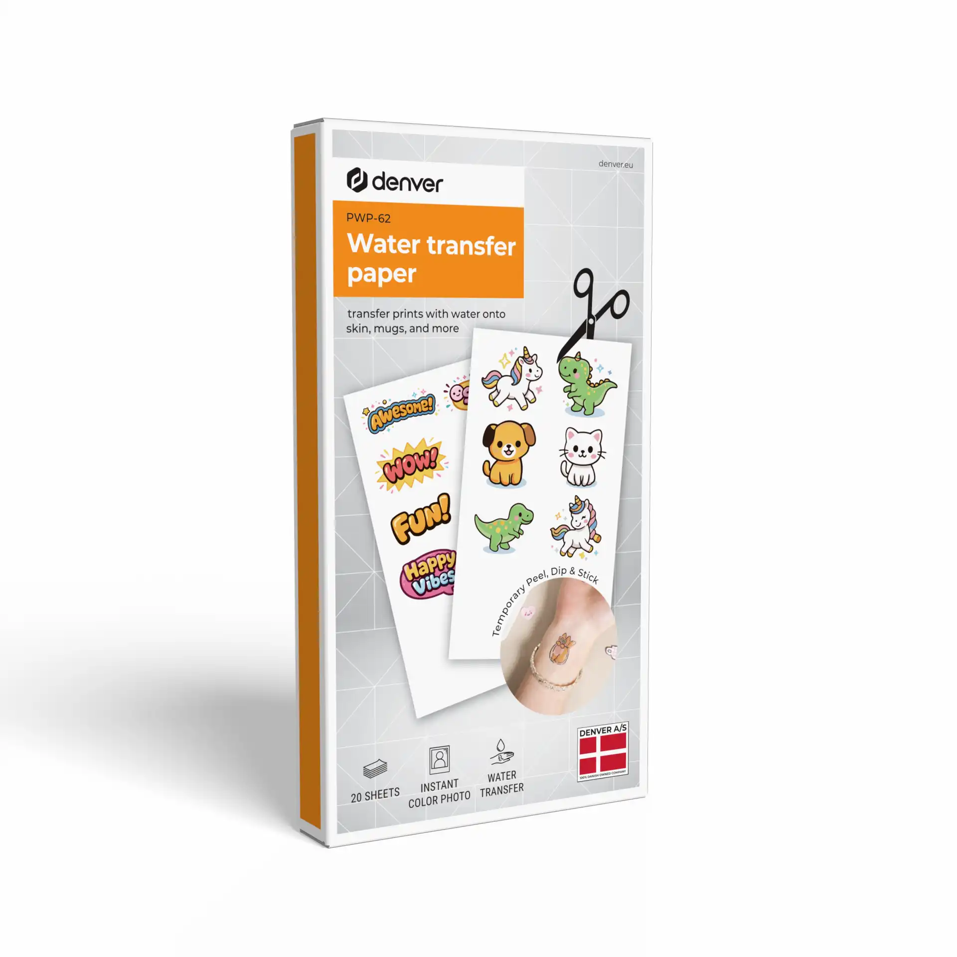 Verpackung für Wassertransferpapier mit niedlichen Tieren und Aufschriften.