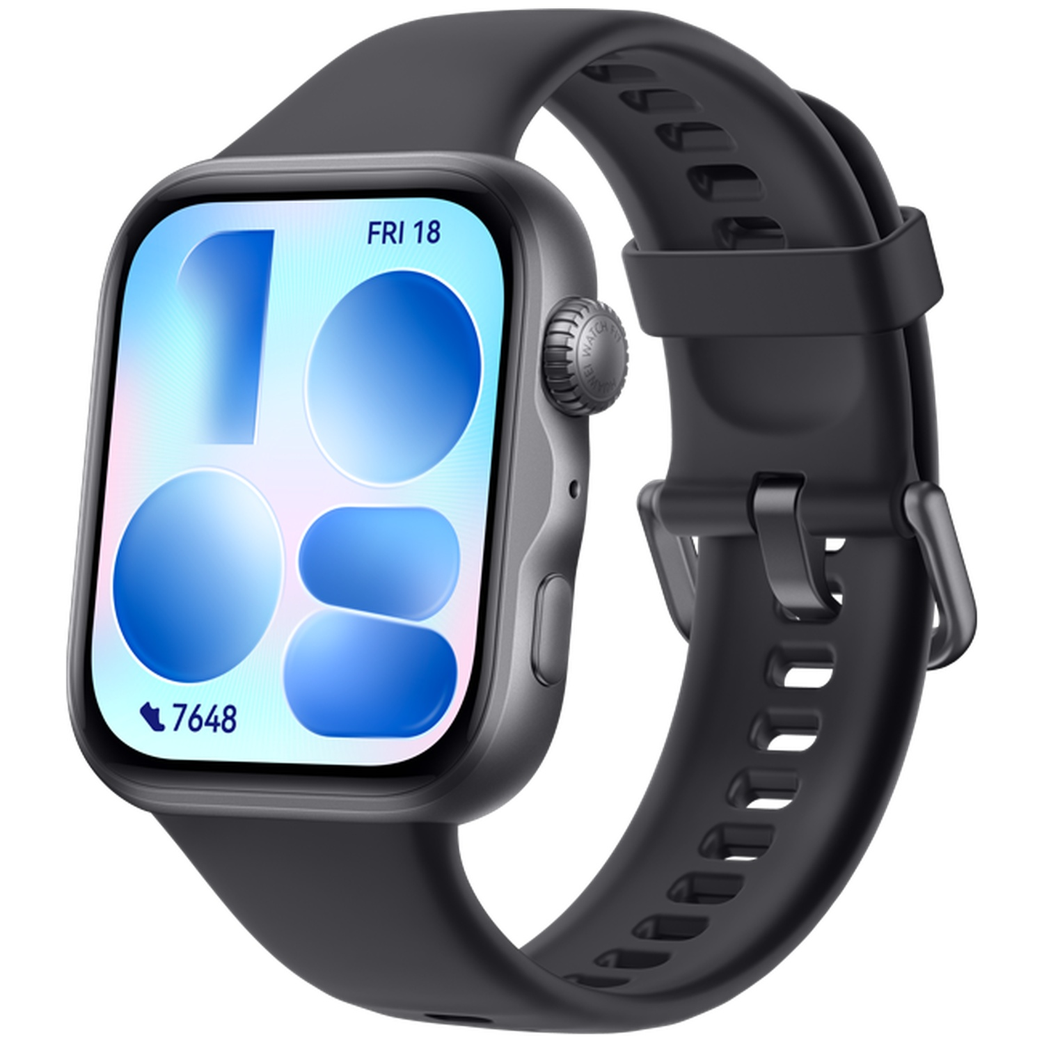 Black smartwatch with a gray case and a digital display showing FRI 18 and 7648 steps.