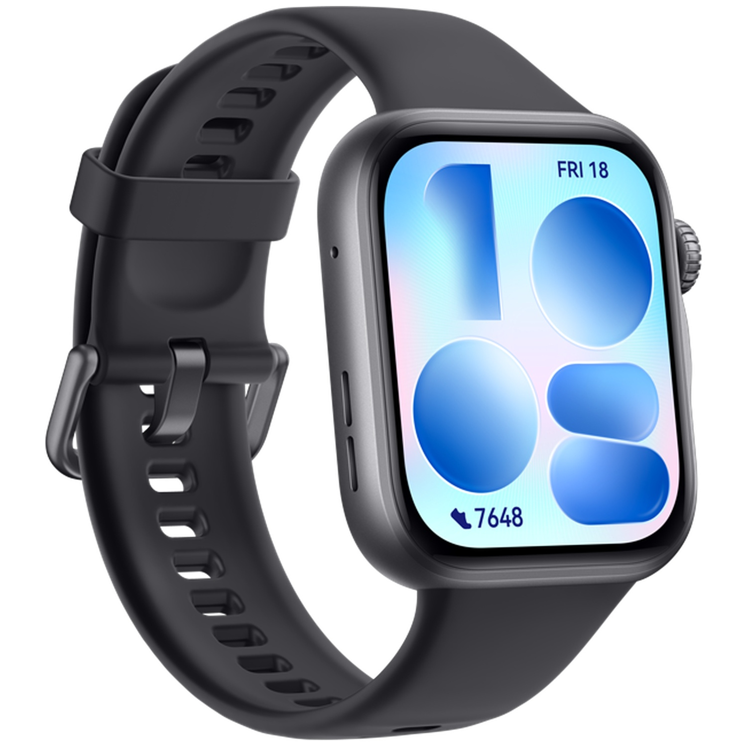 A black smartwatch with a colorful touchscreen displaying Friday the 18th.