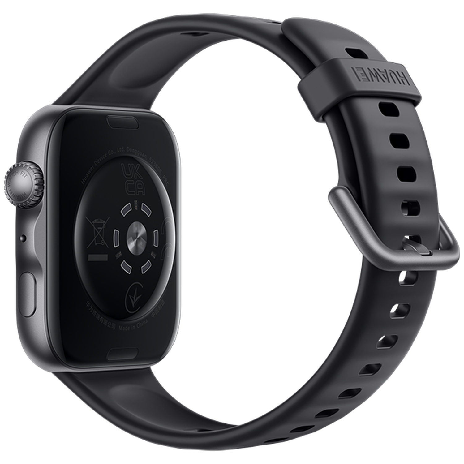 Back of a black smartwatch with a black band and Huawei logo.