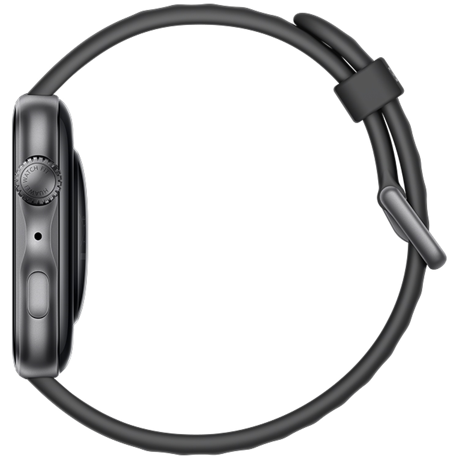 Gray smartwatch with black strap, side view.