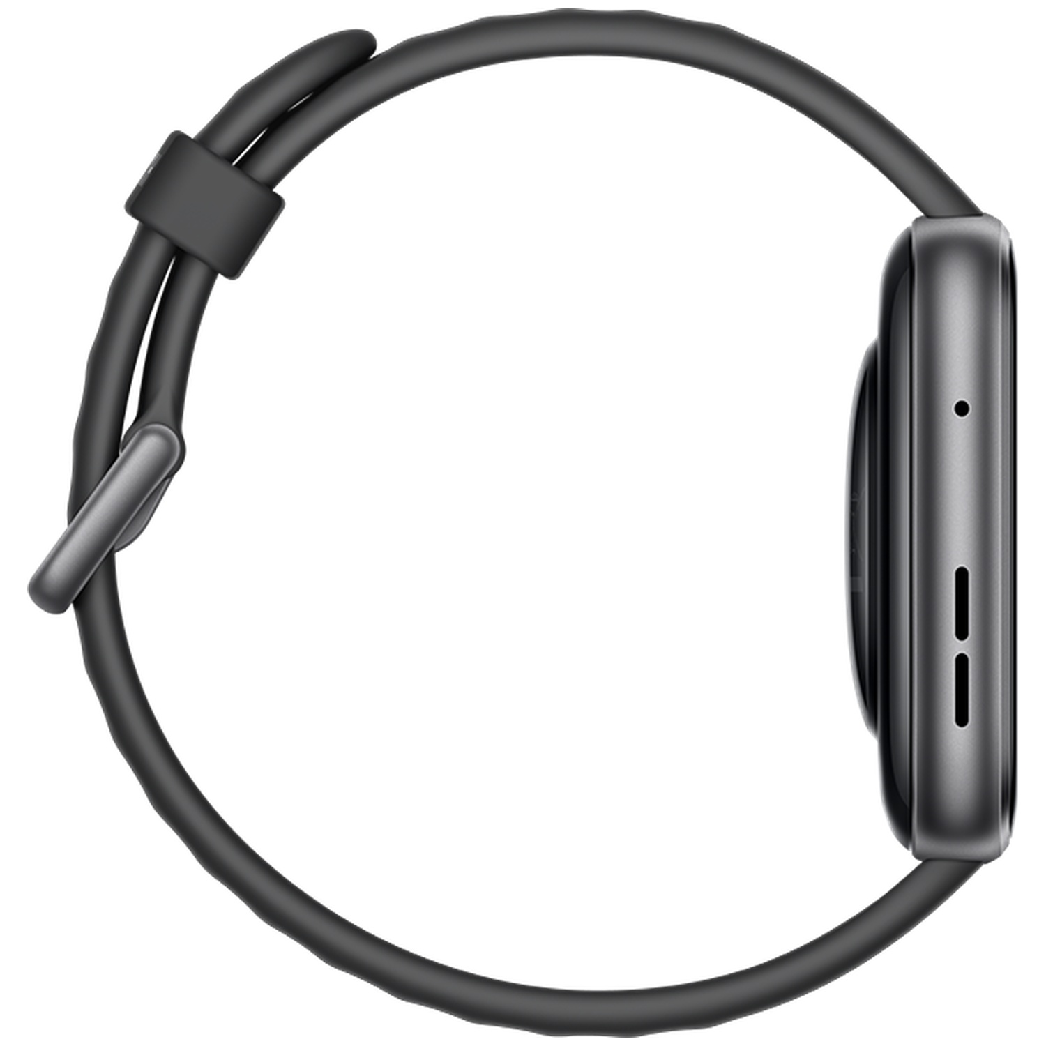 Gray smartwatch with a black band, side view.