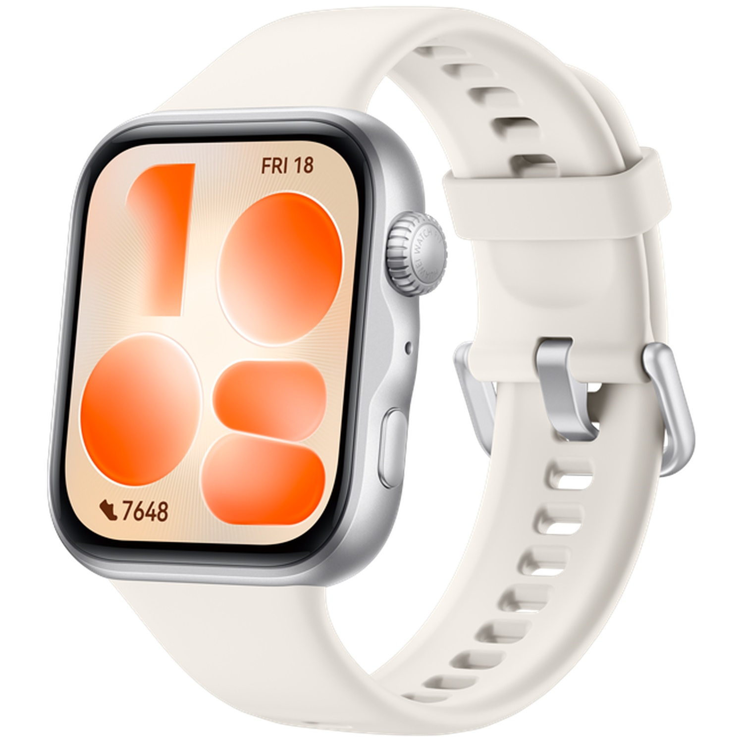 Une montre connectée blanche avec boîtier argenté et cadran coloré.