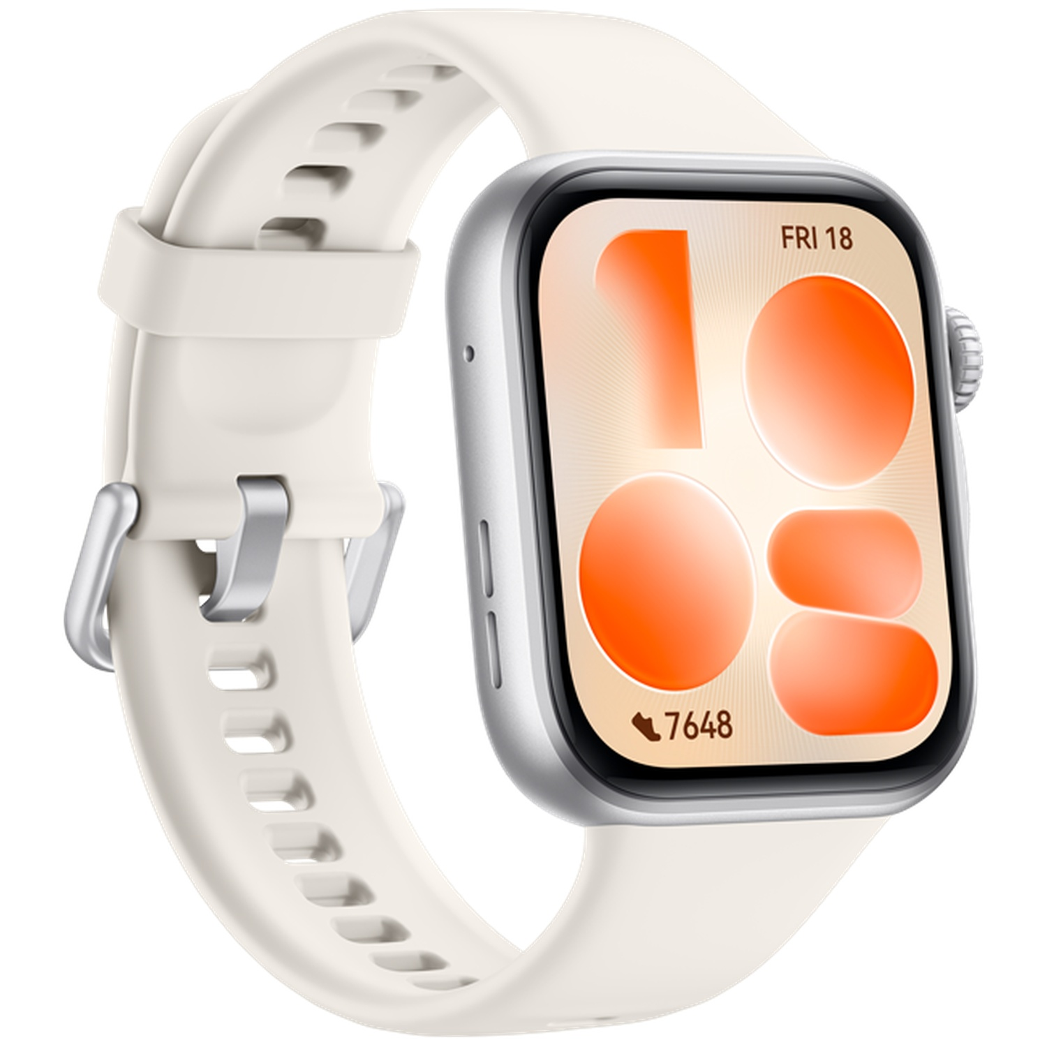 Une montre connectée blanche avec boîtier argenté et cadran moderne.