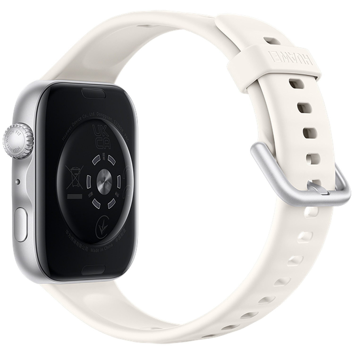 Une montre connectée blanche avec boîtier argenté et dos marqué. Bracelet blanc.