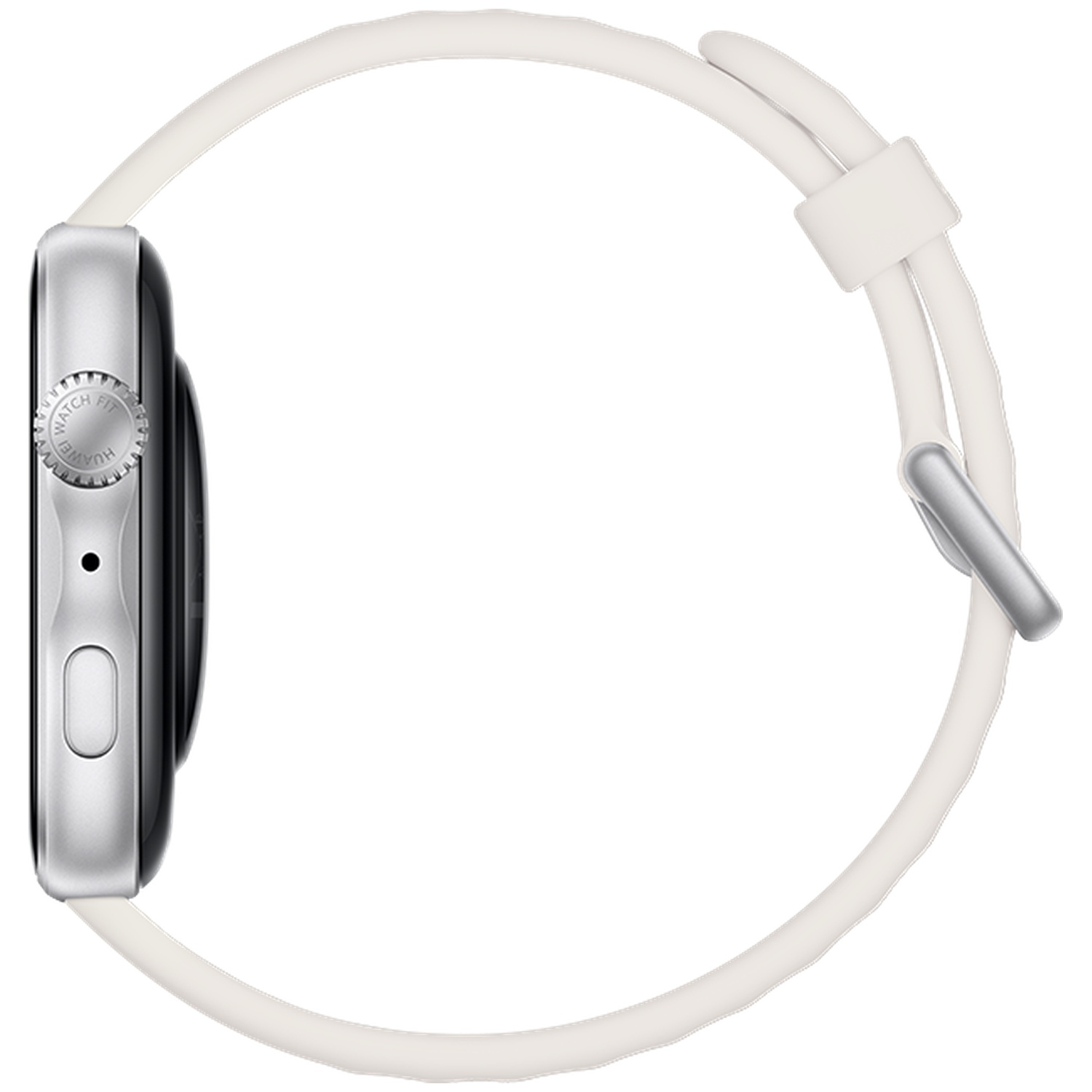 Boîtier de montre connectée argent avec bracelet blanc, vue latérale.