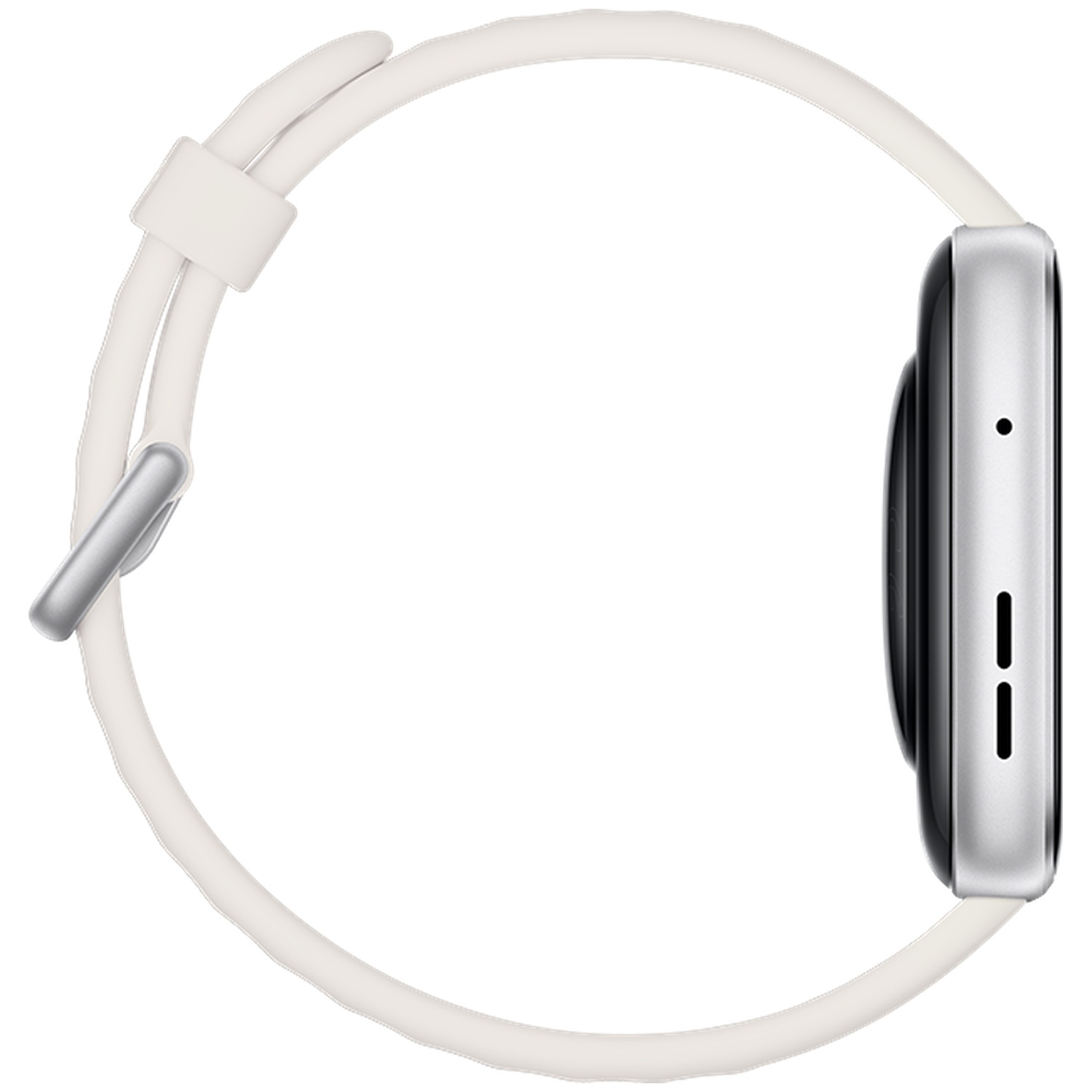 Boîtier de montre connectée argenté avec bracelet blanc, vue de côté.