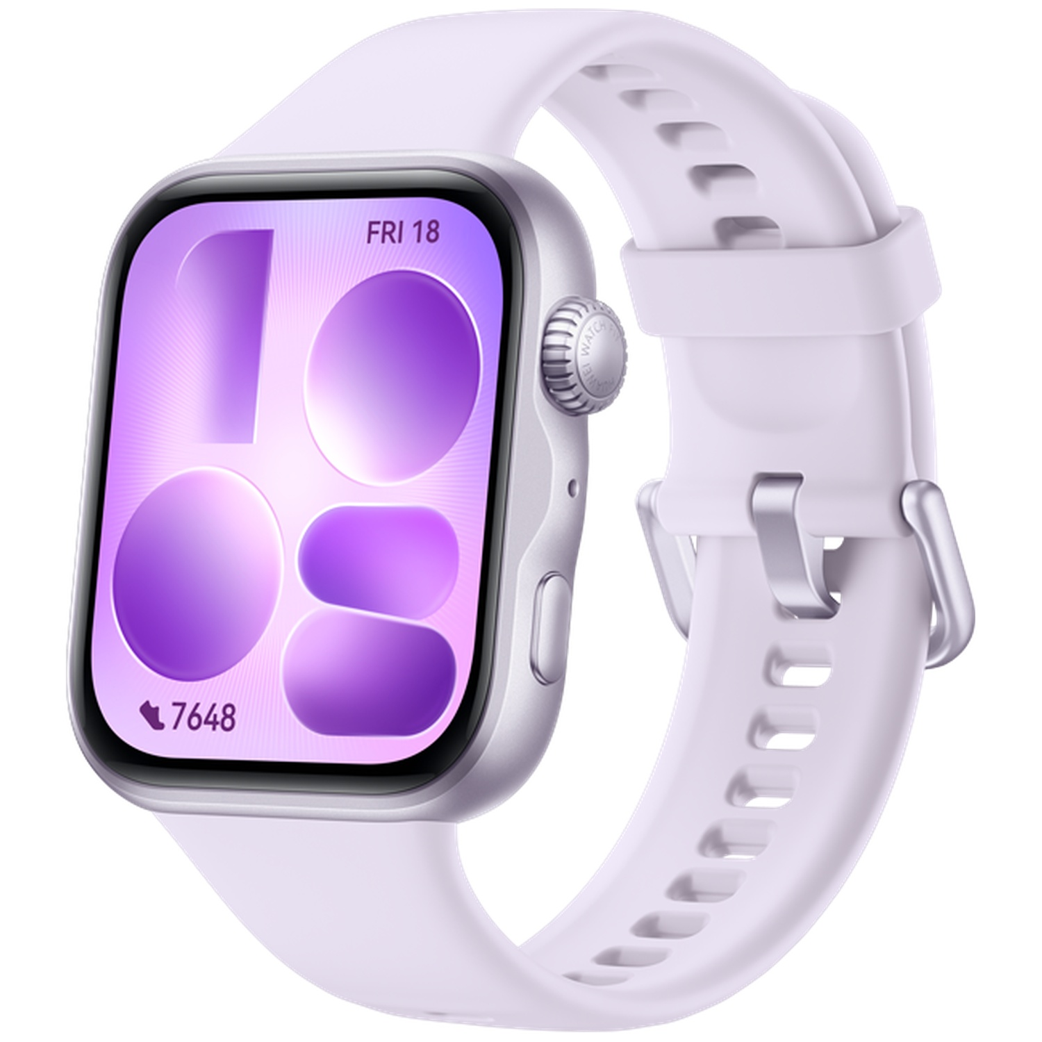 Une montre connectée violet clair avec écran carré affichant des graphiques violets et la date FRI 18.