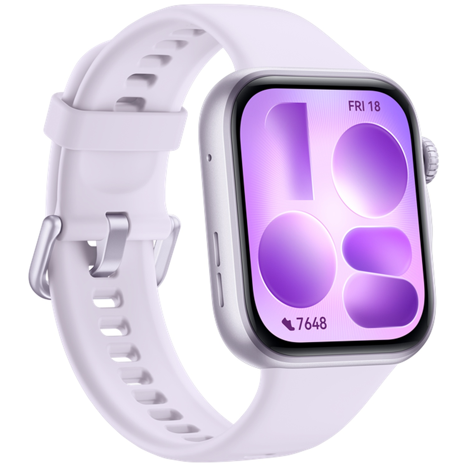 Une montre connectée lavande clair avec boîtier argenté et cadran affichant des icônes et du texte violets.