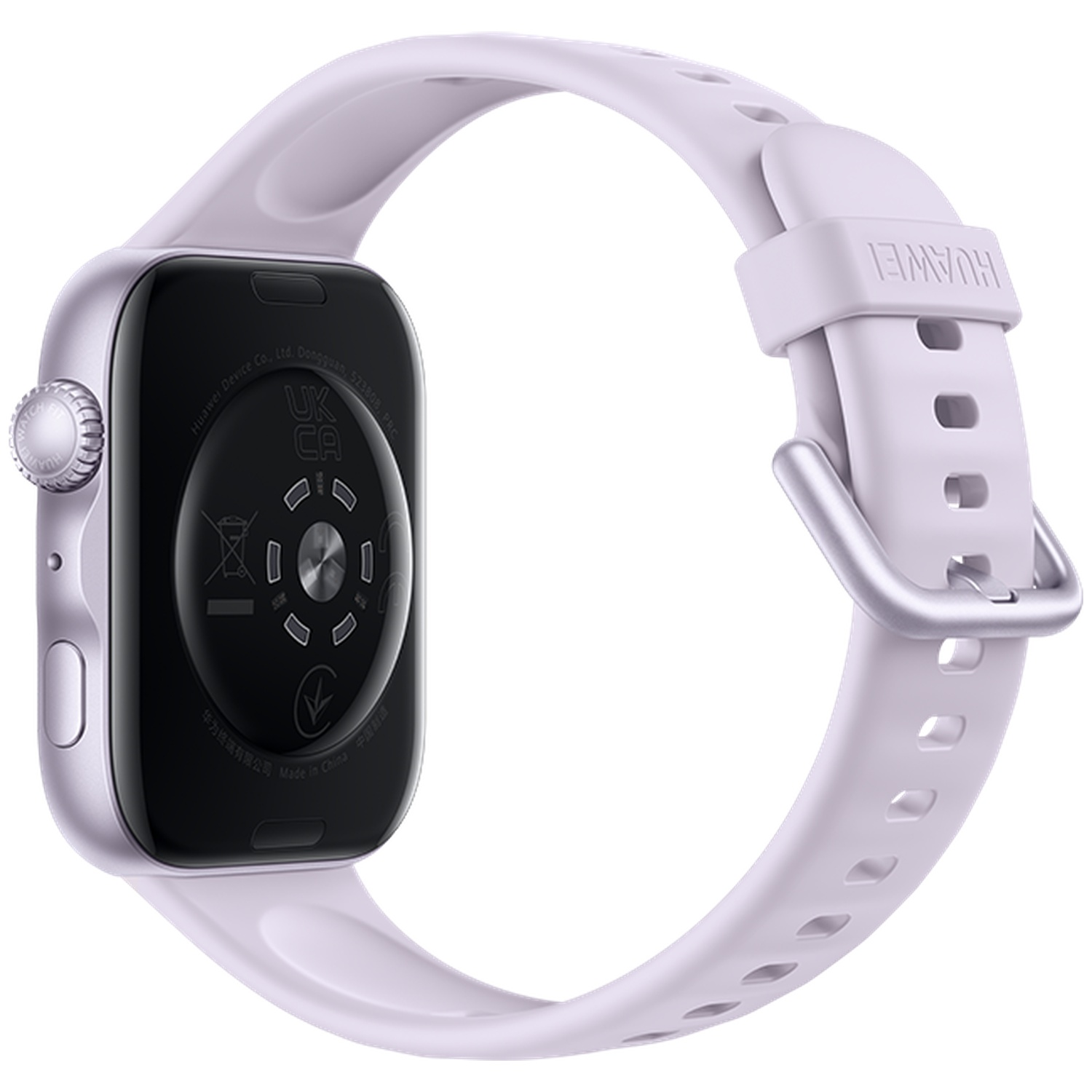 Montre connectée lavande avec cadran argenté et port de charge.