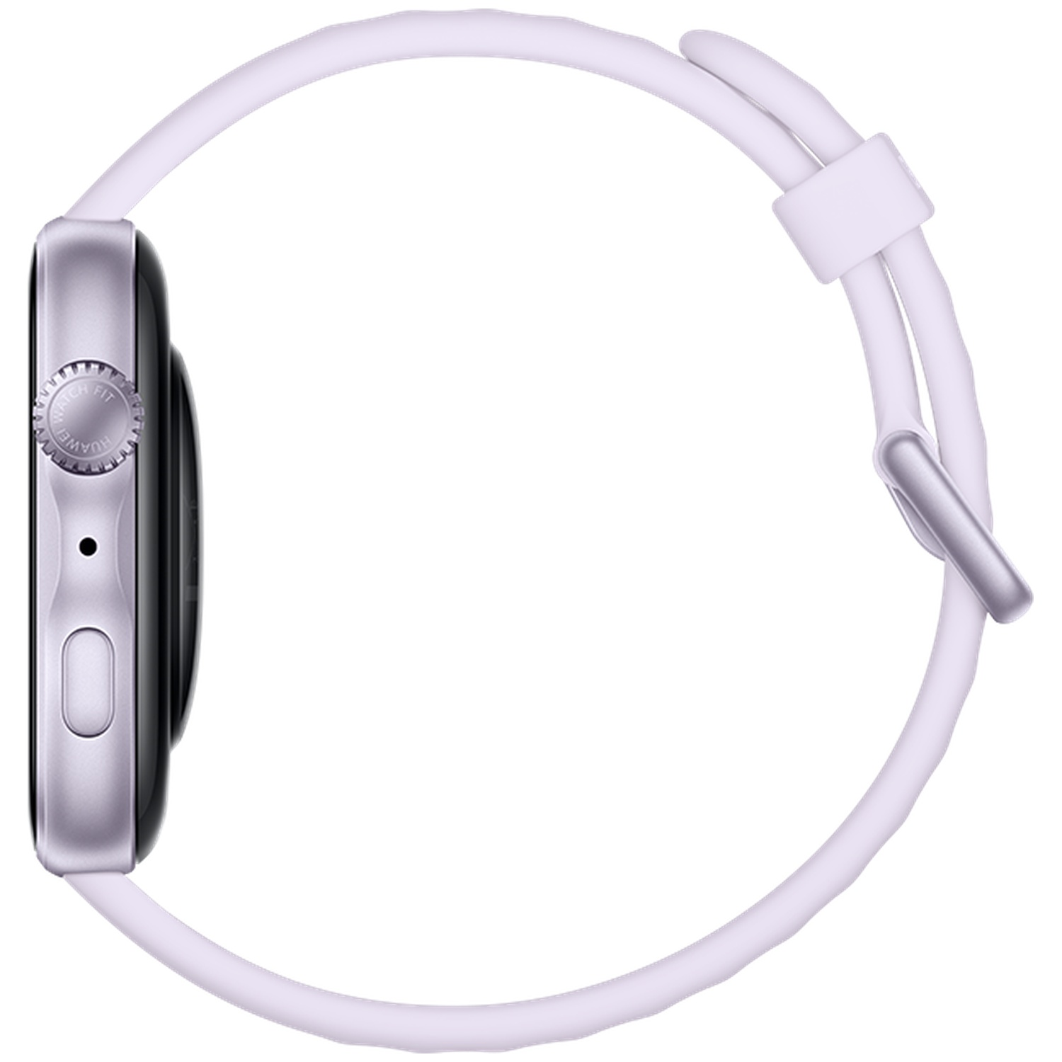 Un boîtier de montre connectée argenté avec bracelet blanc, sur fond blanc.