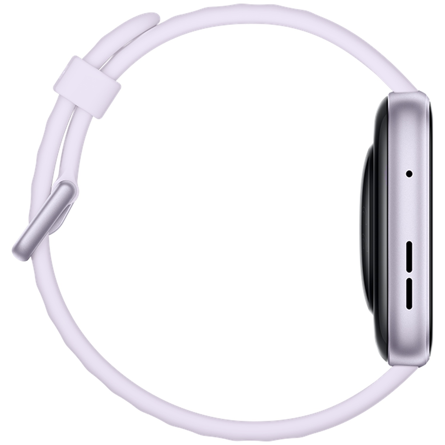 Boîtier de montre connectée argenté avec bracelet blanc, vue latérale.